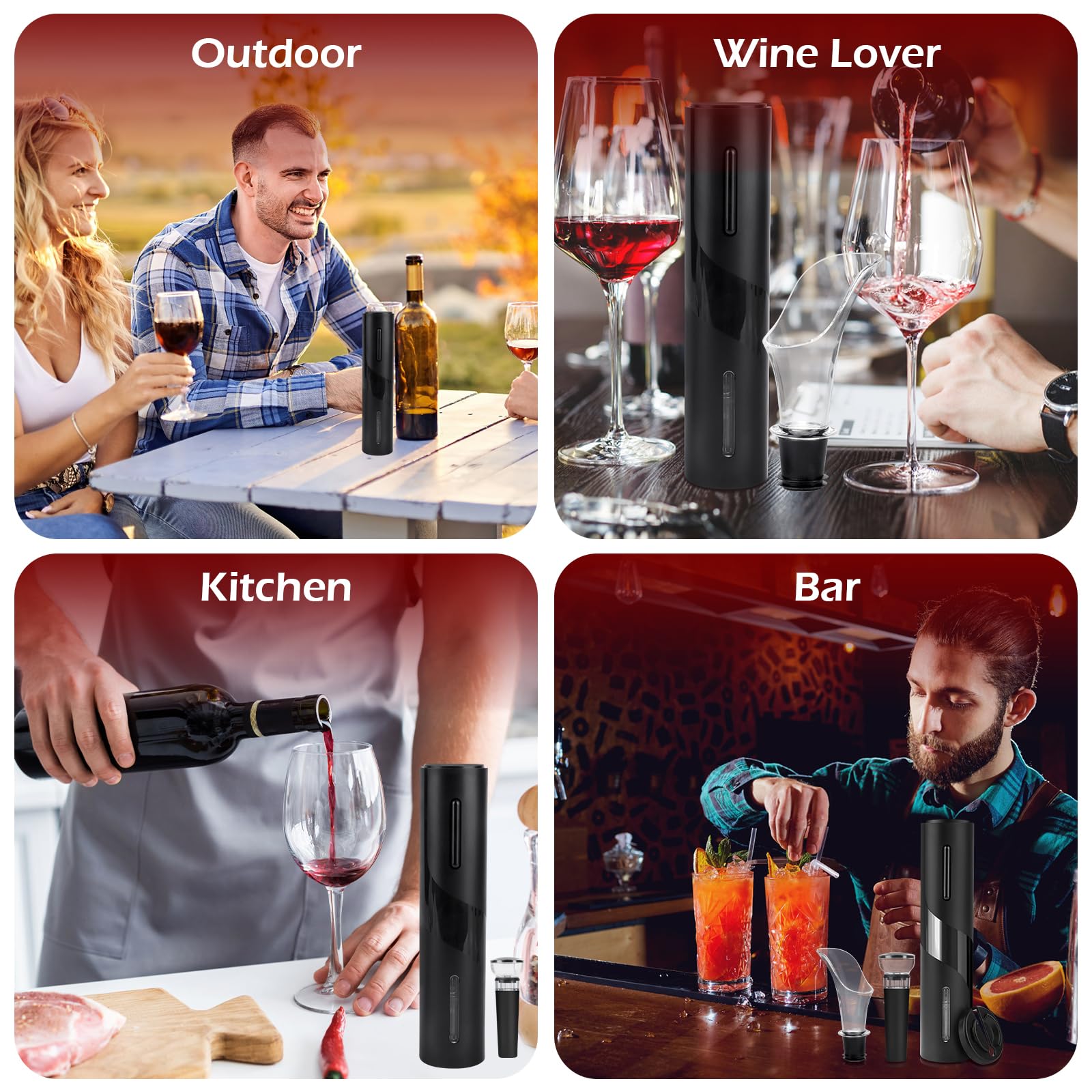 Sacacorchos Eléctrico Portátil, Corta Cápsulas, Vertedor, Tapón de Vino y Cable de Carga USB, Ideal para Reuniones Familiares, Bares y Regalos