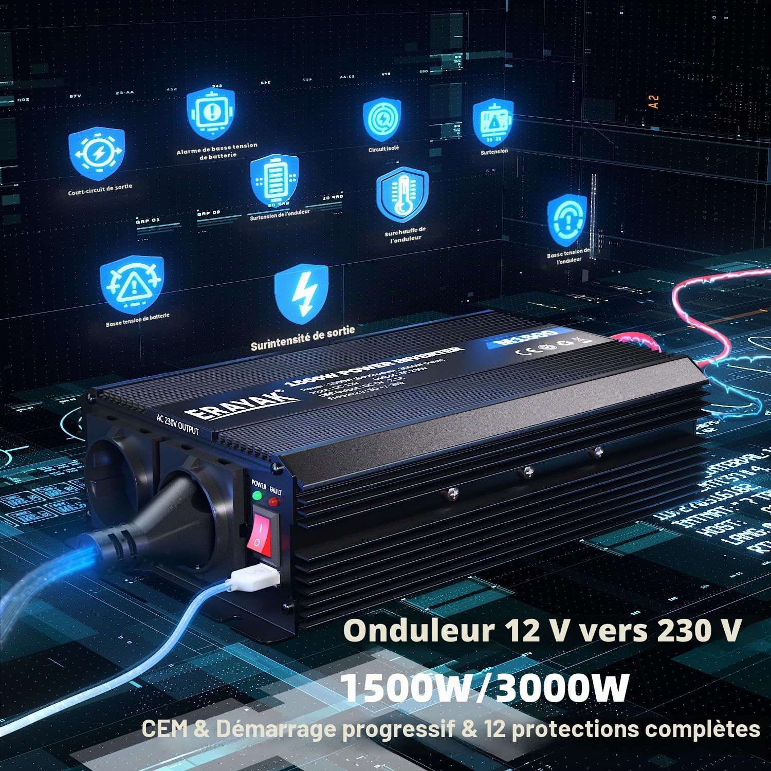ERAYAK Convertisseur 12V 220V/230V 1500W/3000W Onduleur à Transformateur avec Télécommande & Double AC Prises de Courant pour RV Voiture de Camion (Vague Modifiée)