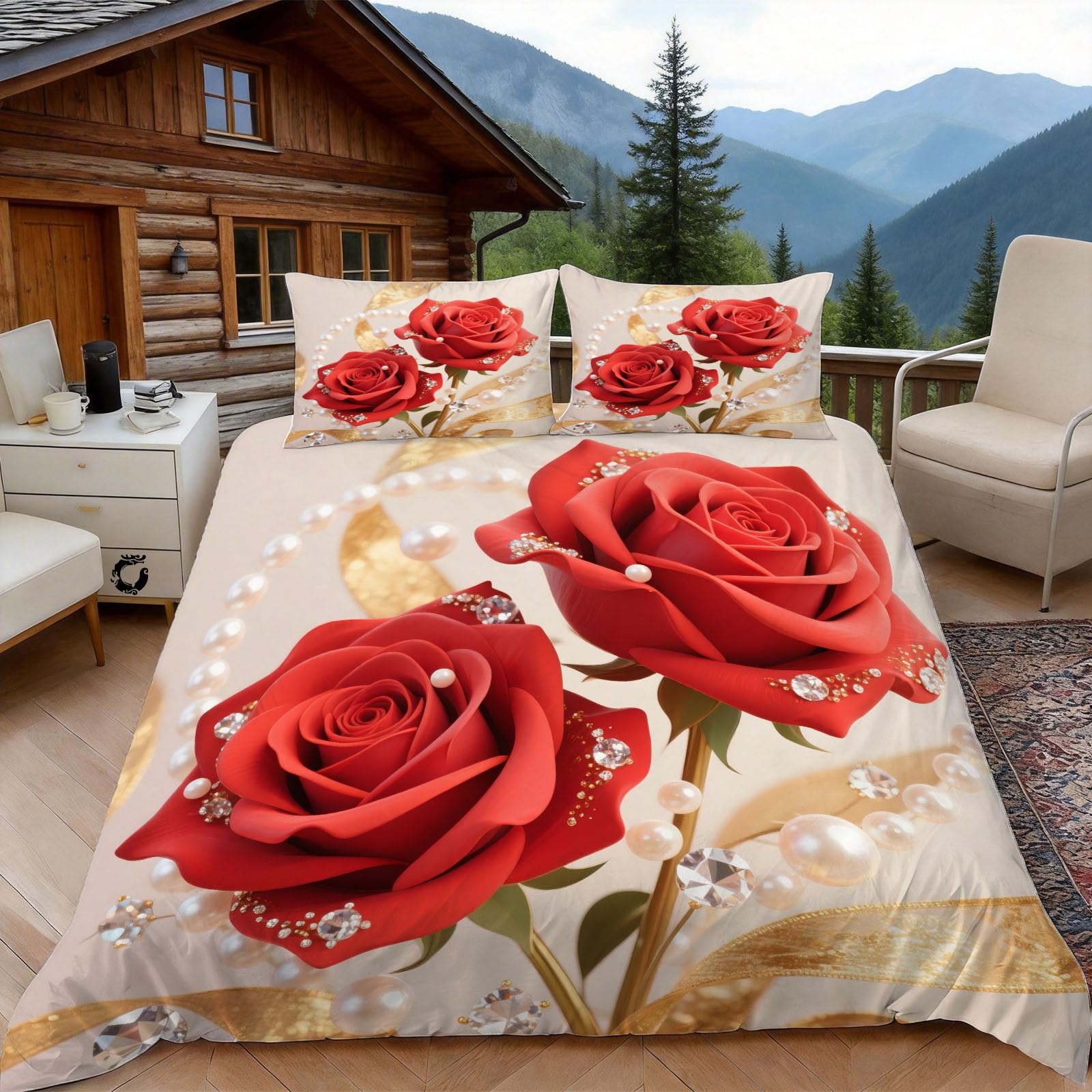 Housse de couette zippée 240x260 cm motif roses pour un lit 2 personnes facile à border
