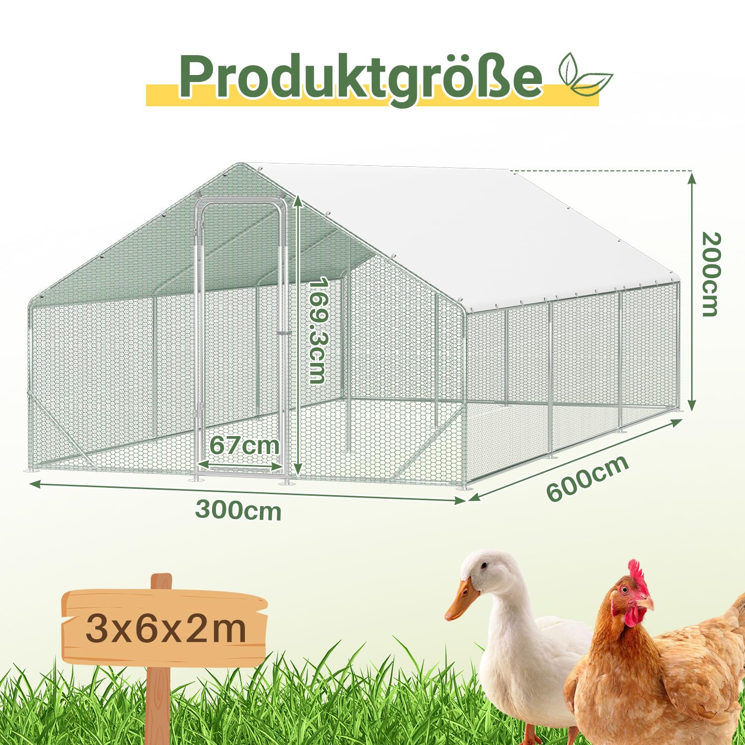 Kurnik dla kurników, 3 x 6 x 2 m, z zamkiem zabezpieczającym i wodoodporną farbą PE, szybki do czyszczenia, wybieg dla kur, klatek dla ptaków, małych zwierząt i roślin
