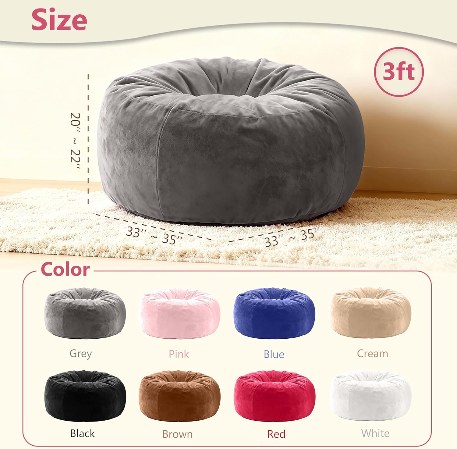 Giant Bean Bag Chair with Memory Foam Filling Beanbag for Adult 8 Colors, Machine Washable Removeable Flannel Cover, Soft Cozy for Bedroom, Living Room - 3 Feet Gray