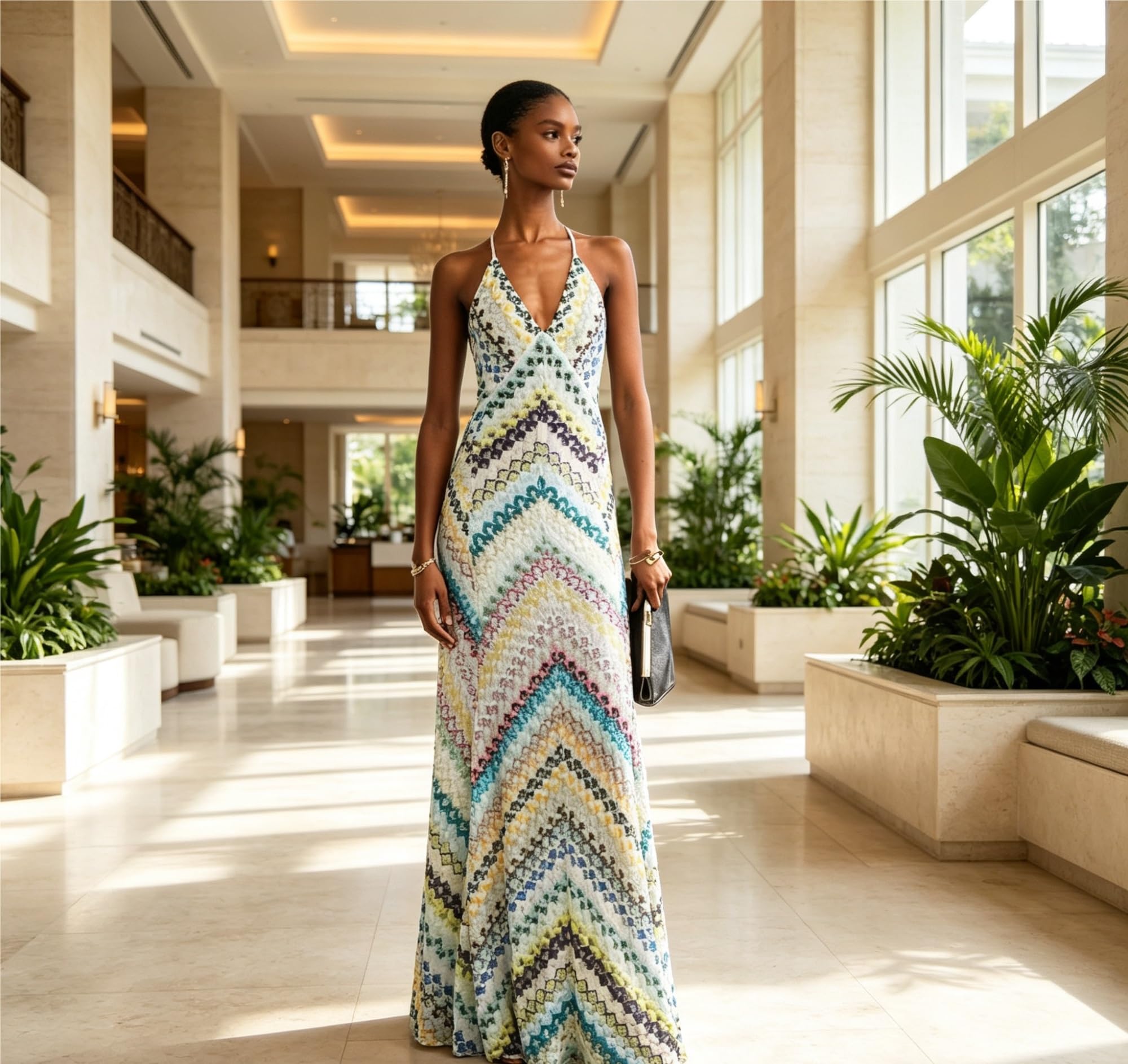 Vestido maxi crochet halter espalda descubierta pico V playa fiesta L
