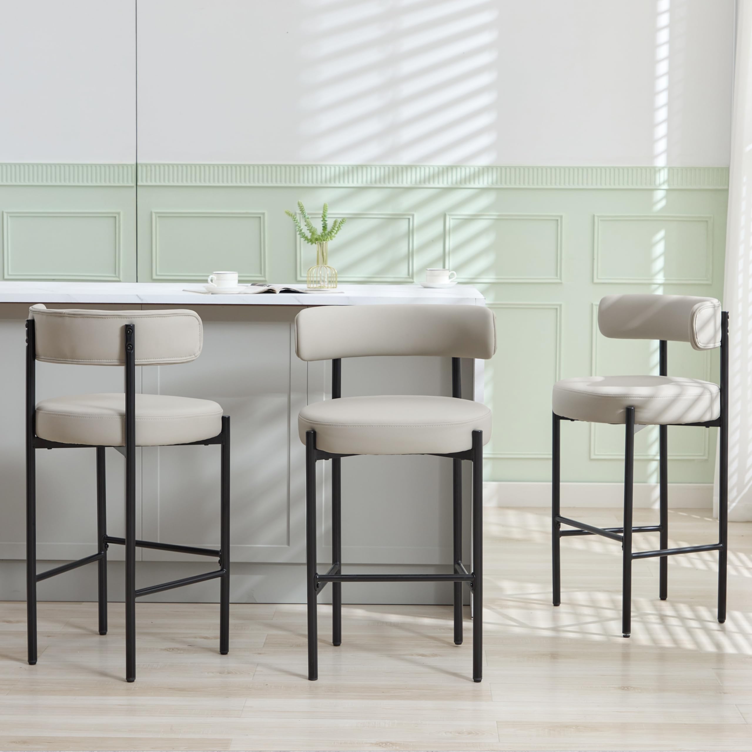 Forsalund Bar Height Stools, 28'' Grey Bar Stools Set of 3, Faux Leather Barstools with Back, Mid-Century Modern Bar Chairs for Kitchen Island, Dining