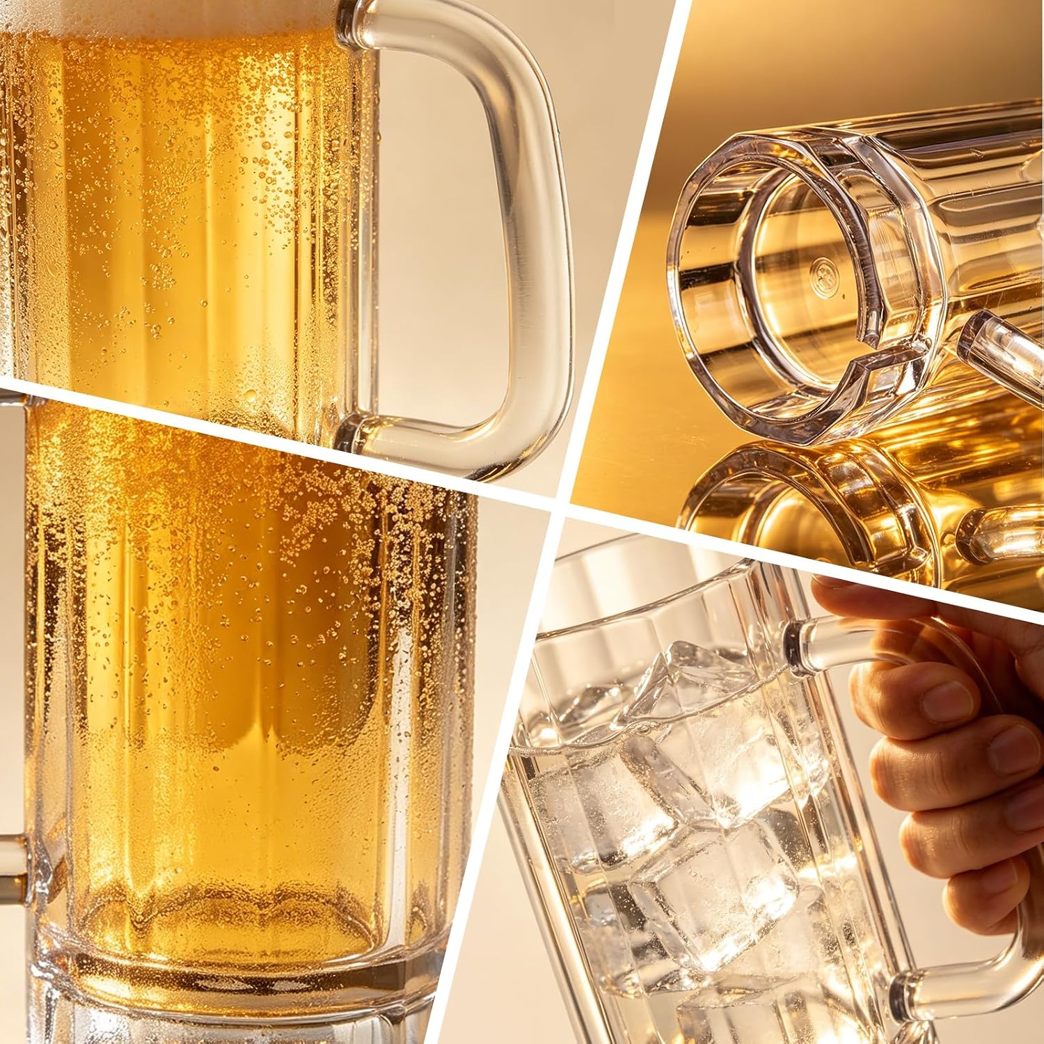 2 Pack Plastic Beer Mugs, 16 oz Clear Tall Freezer Mugs with Handle
