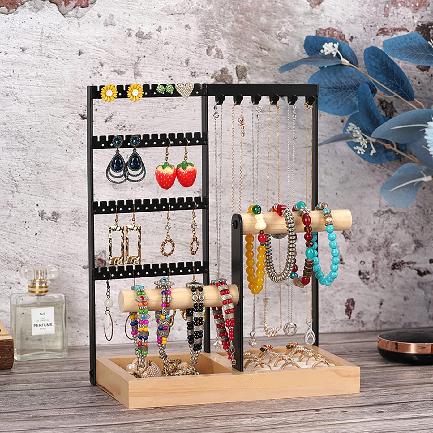 Pemilosci Jewelry Organizer Stand 4-Tier Hanging Jewelry Organizer Holder Display Stands for Earrings Necklaces Bracelets Rings Watches (4-Tier Burlywood)…
