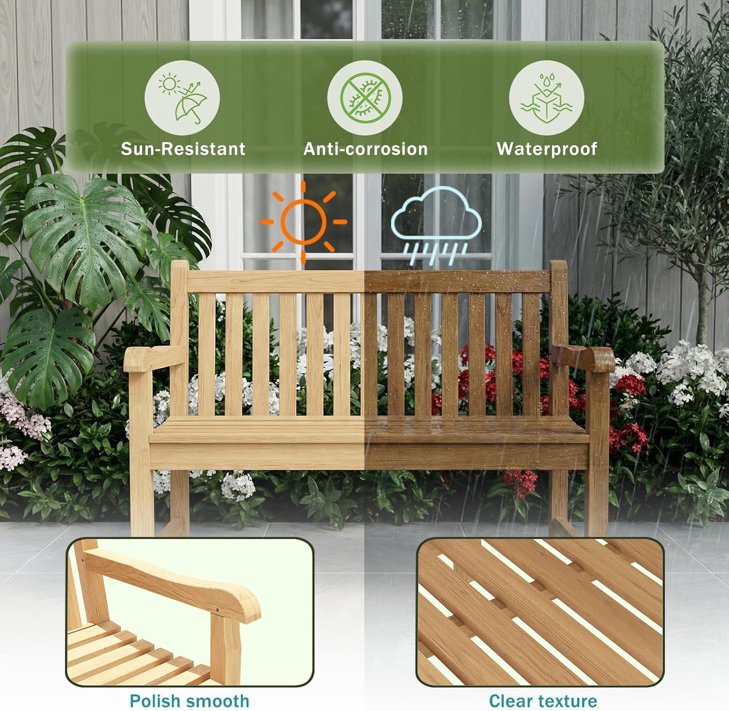 OTSUN Teak Bench Outdoor, 2-Person Wood Garden Bench with 800lb Capacity All-Weather Durable Fade-Resistant, Suitable for Courtyard Lawn Park Porche Backyard Patio & Deck