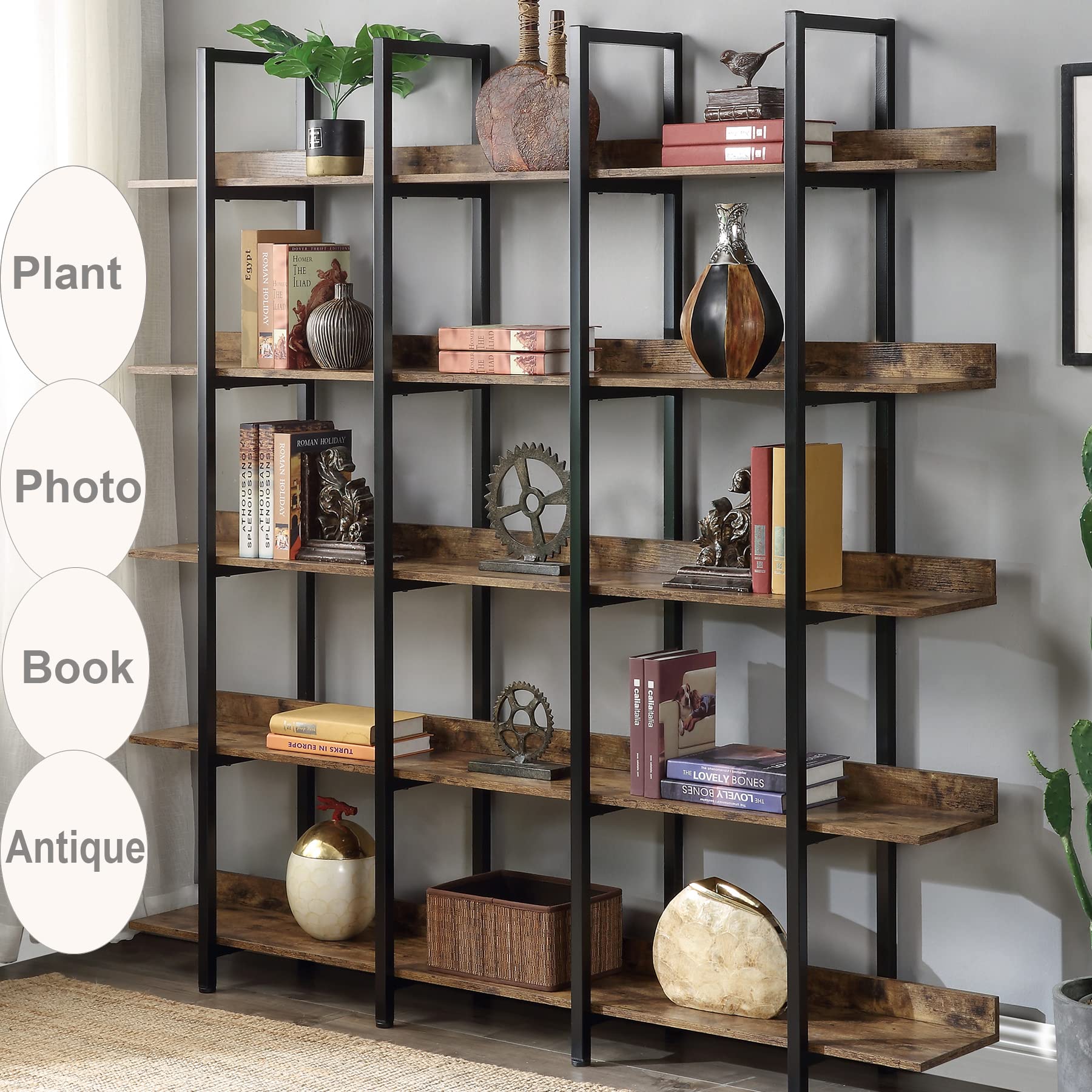 Industrial Bookshelf, 5 Shelf Tall Brown Rustic Bookcase, Large Vintage