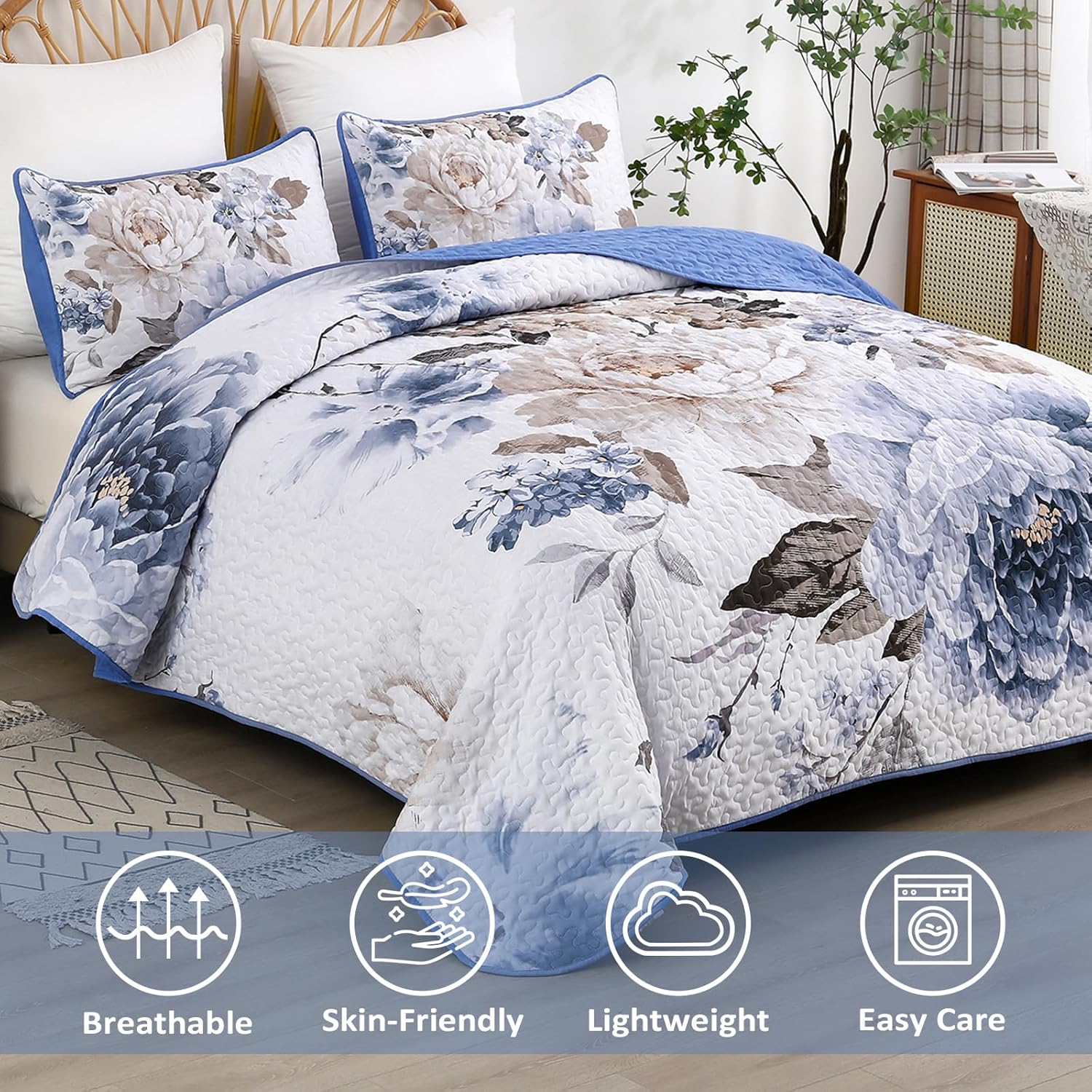 WONGS BEDDING Floral Quilt Set Blue Queen Size 3 Pieces Elegant Botanical Print Bedding Set for All Season, Lightweight Reversible Bedspreads Coverlet Set with 2 Pillow Shams - Image 3
