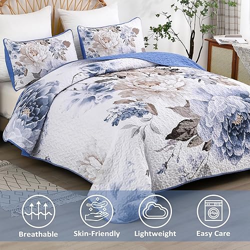 Miniatura 3 de WONGS BEDDING Juego de edredón floral de 3 piezas con estampado botánico elegante de color azul, para todas las estaciones, juego de colcha