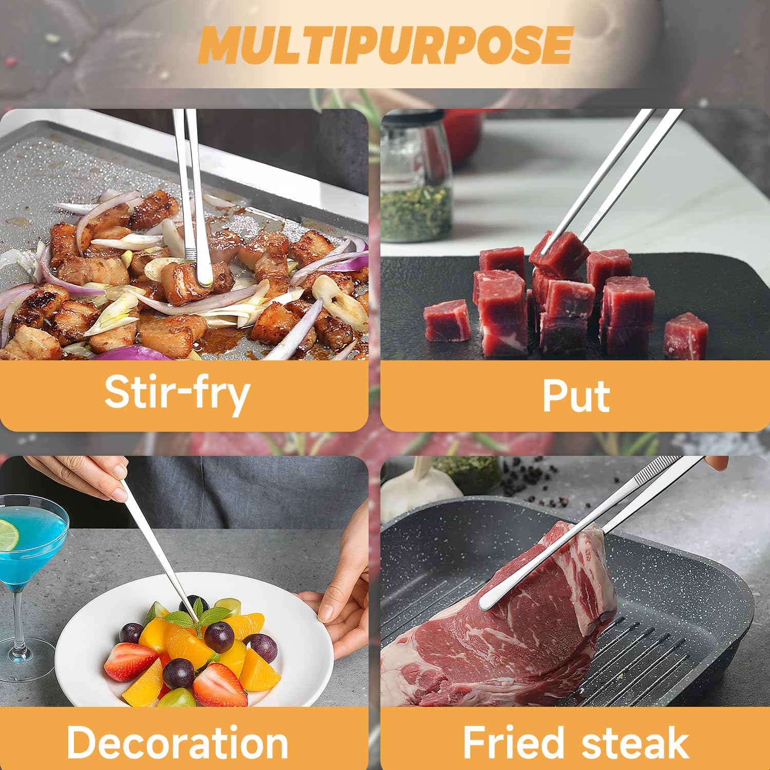 Pinces De Cuisine En Acier Inoxydable - Lot De 2 - 30 Cm De Long - Pour Barbecue, Rôtisserie, Cuisson - Mâchoires Incurvées Et Droites - Poignée Antidérapante - 6