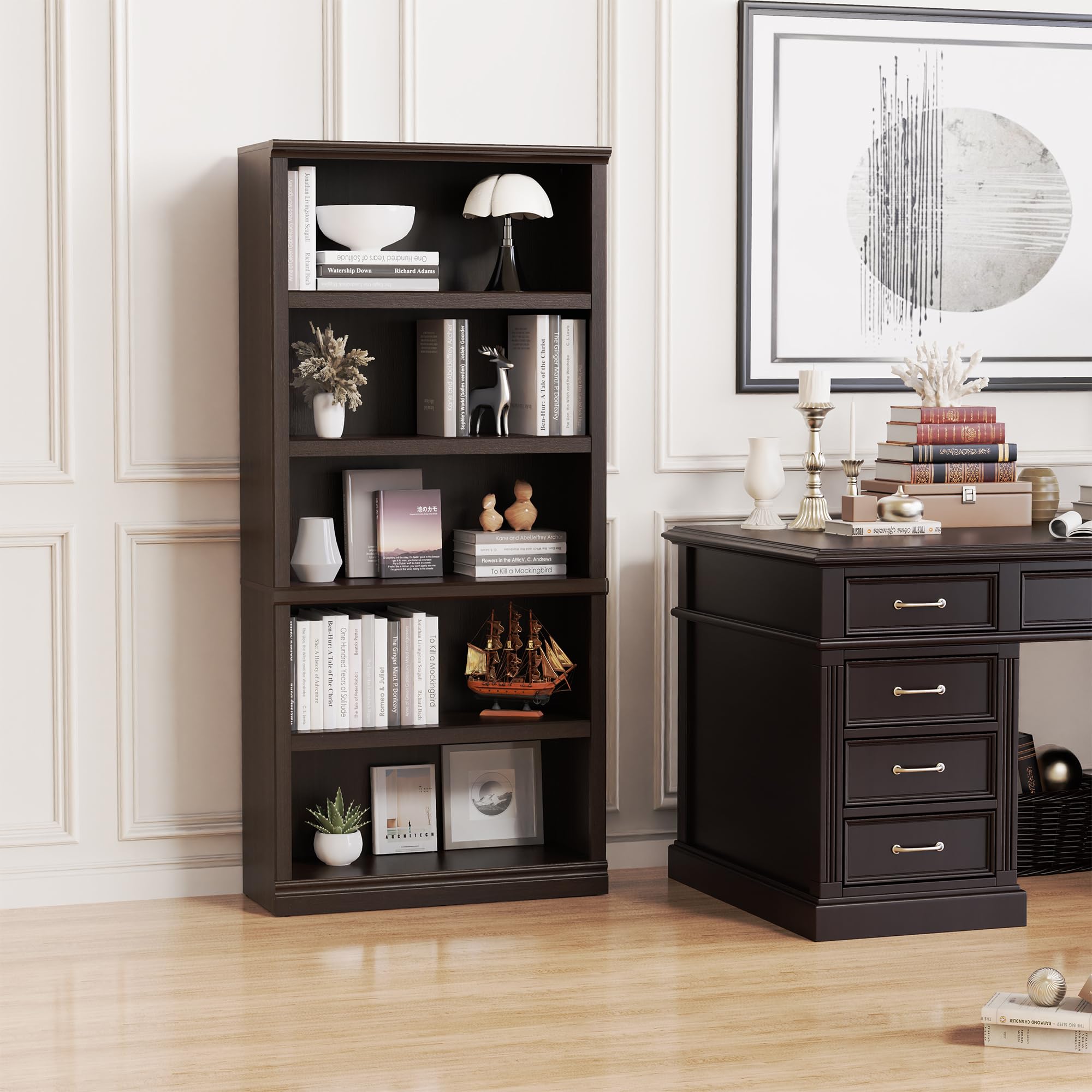 bookshelf, open storage 70 inch tall 5 shelf bookcase, floor standing bookshelves and bookcases, book case for farmhouse library office bedroom kids, dark cherry - 5 tier