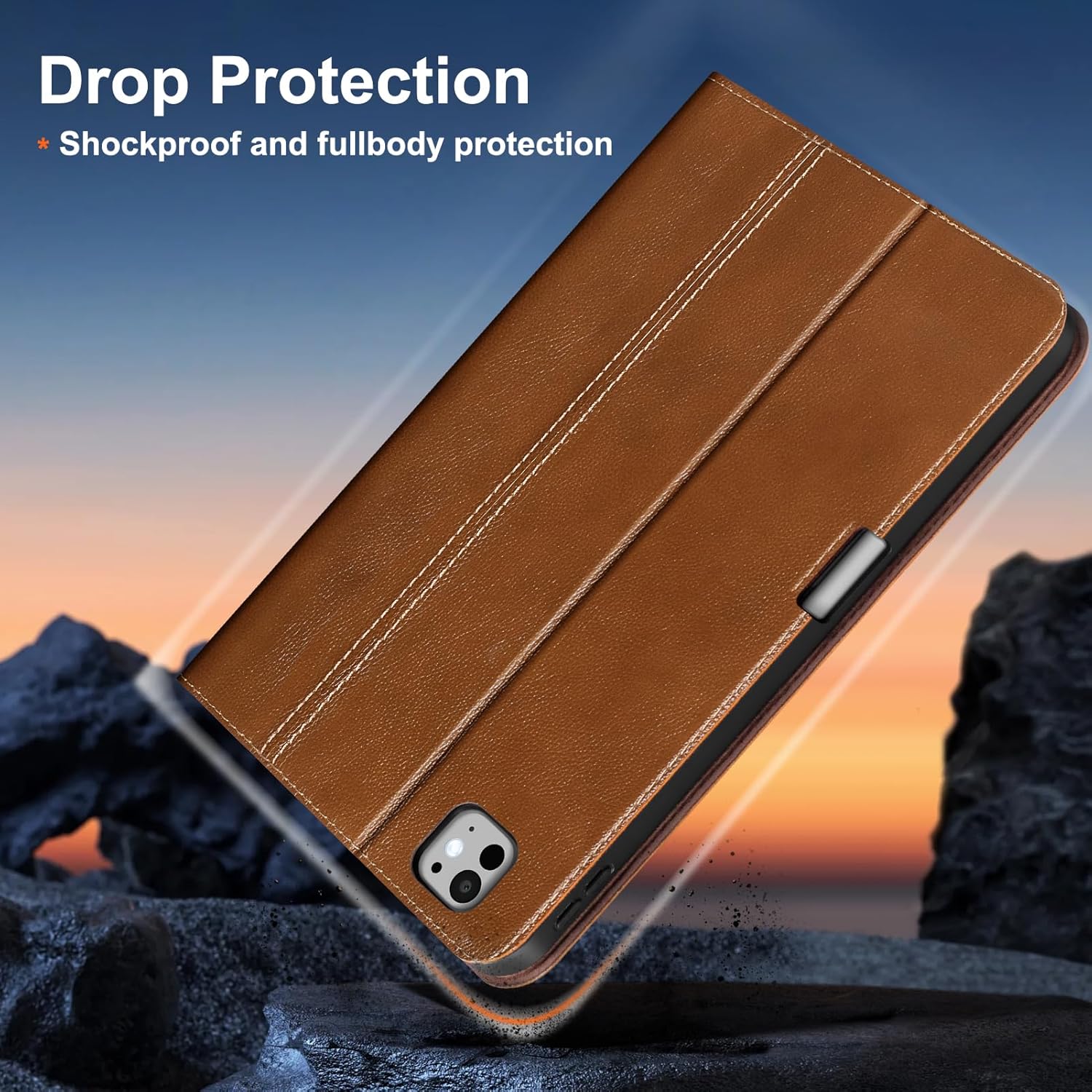 Gexmil Genuine Leather Case for iPad Pro 13 Inch (M5/M4) 2025/2024 with Pencil Holder,Protective Shockproof Smart Leather Folio Cover Adjustable Stand Auto Sleep/Wake,Yellow Brown