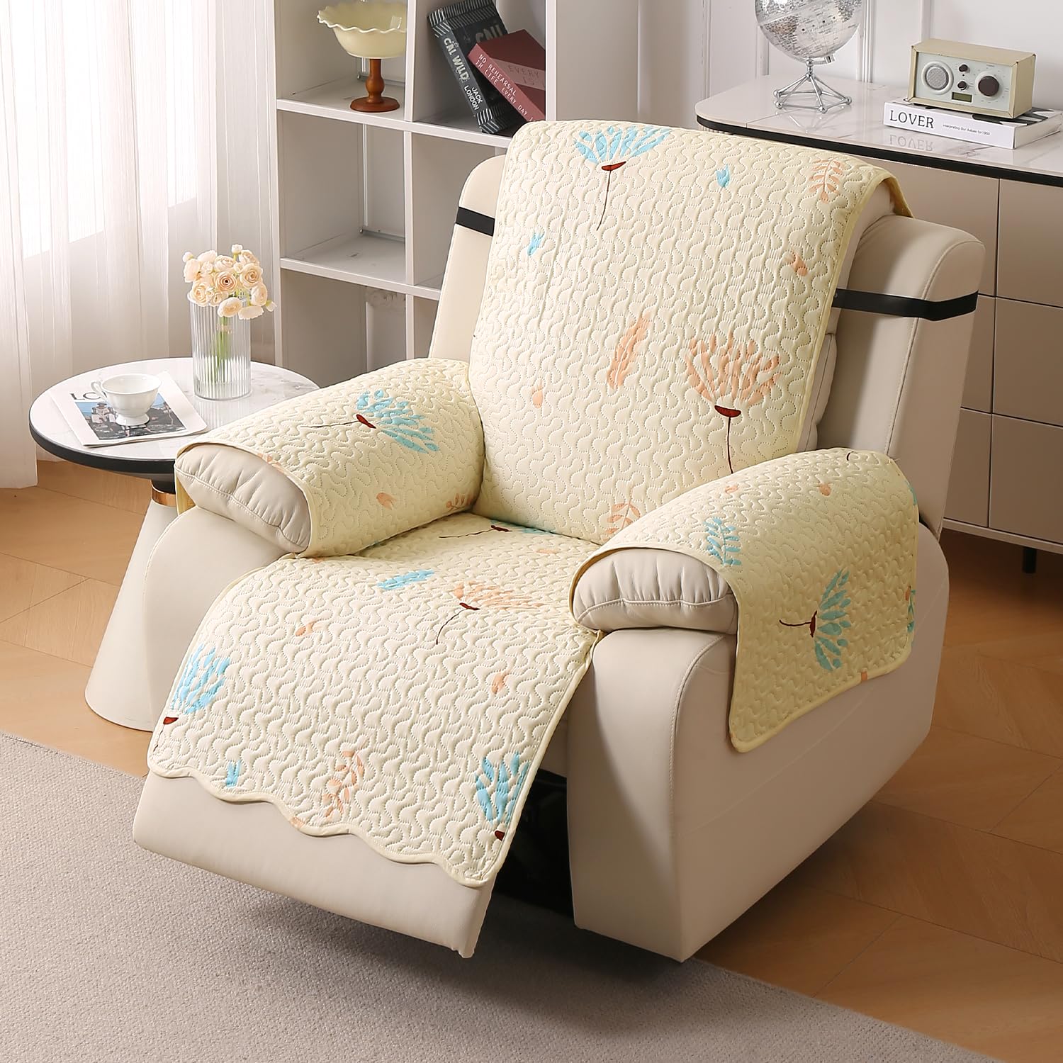 HOKIPO 'FloraWave Series' Recliner Sofa Cover Mat for 1 Seater | Quilted Polyester 1-Piece Design with SecureFit Dual Belt, Beige Garden (AR-6264-D3)