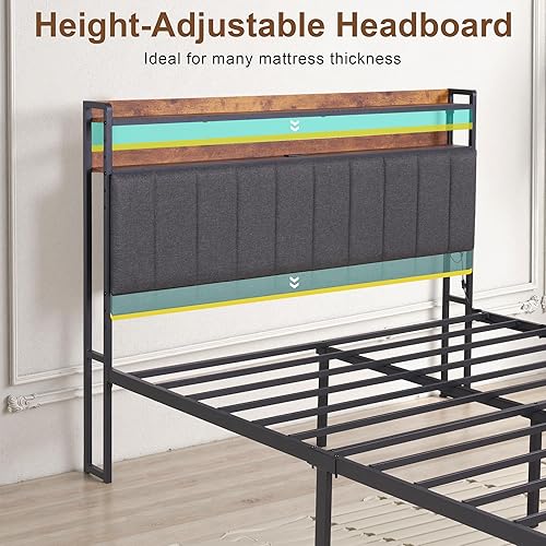 Miniatura 7 de VECELO Base de cama de tamaño matrimonial con luces LED y banco, base de cama tapizada con estación de almacenamiento y carga USB, marco de metal