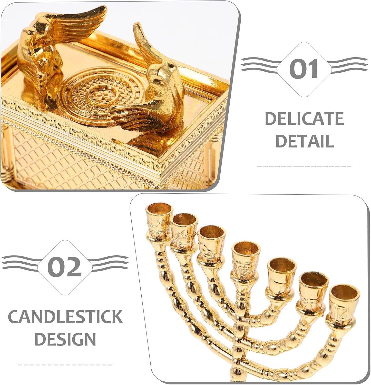 Mobestech Jewish Statue Menorah Candle Holder Set Gold Ark of The Covenant Model Religious Spiritual Artwork Tabletop Decor for Hanukkah and Home