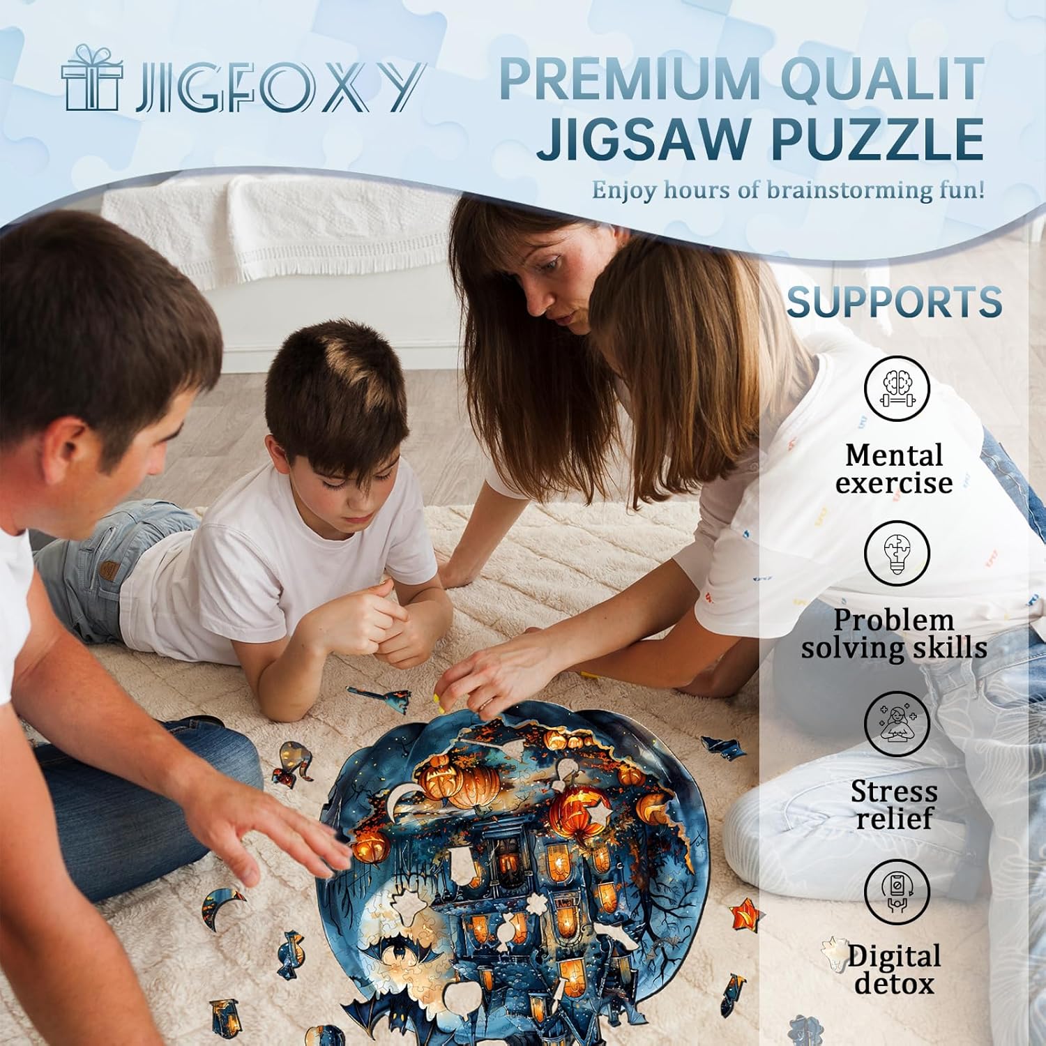 Jigfoxy Wooden Puzzles for Adults, Halloween Pumpkin Wood Puzzle for Adults, Unique Animal-Shaped Wooden Jigsaw Puzzle, Christmas Thanksgiving Gifts for Family and Friends (M-11.4 * 10.6in-200pcs)