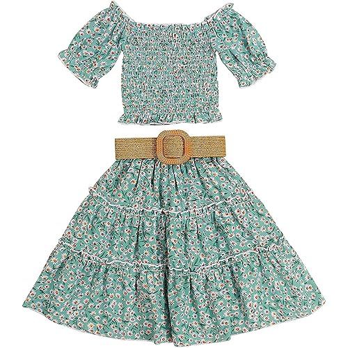Kids Baby Girls Outfits Floral Ruffle Off Shoulder Crop Tops + Bowknot Denim Shorts Skirt Set Toddler Summer Clothes
