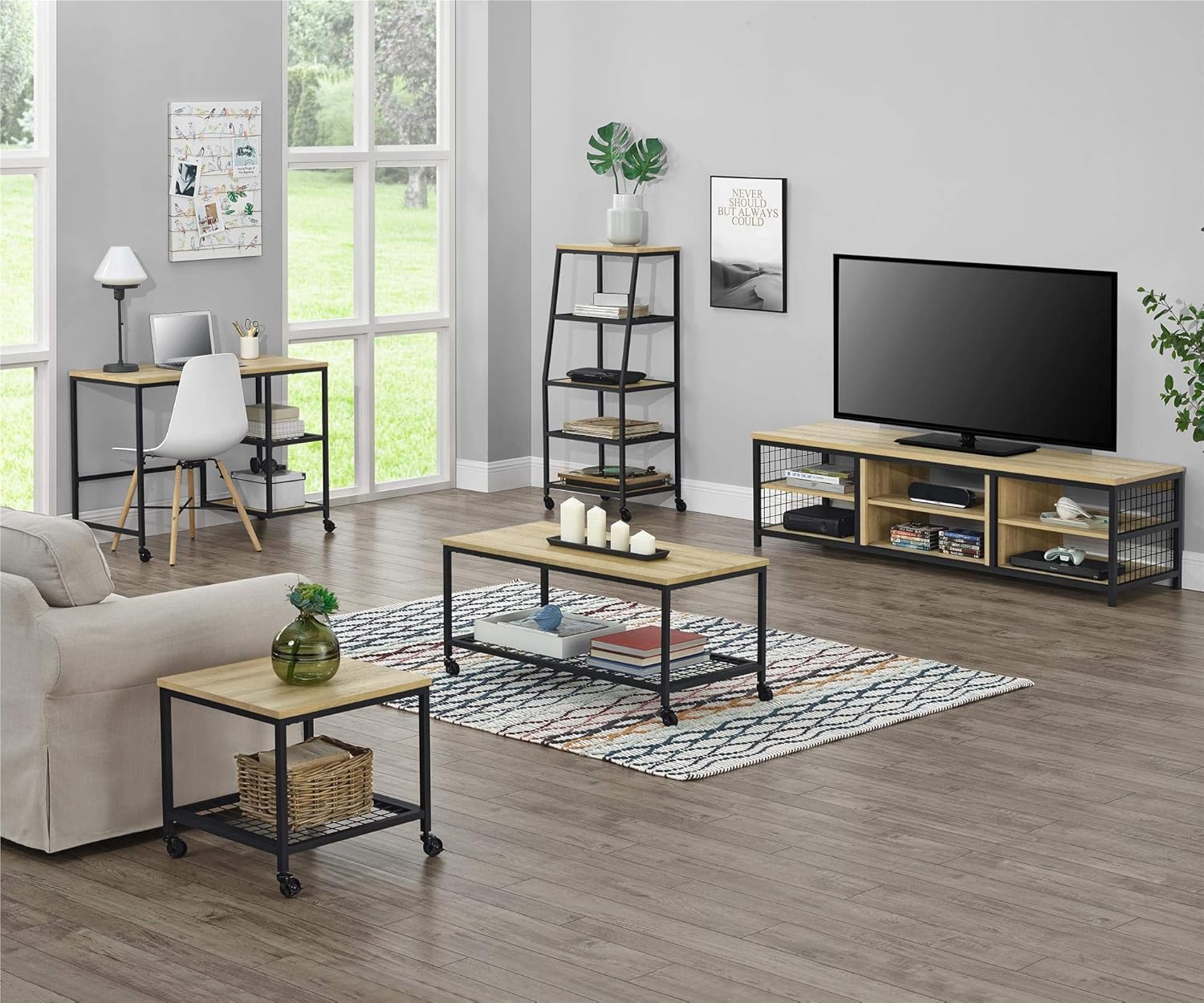 Lifestyle image of the Ameriwood Home Brookspoint TV Stand in a living room setting