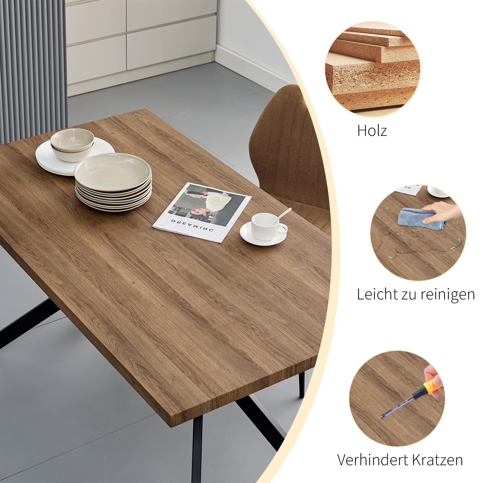 JIJIAN Essgruppen mit Dunkelbraun Holz Esstisch und 6 Grauer Stühle, Rechteckiger Esstisch in 140 x 80 x 76 cm mit 6 Ergonomischer Design Leinen Esszimmerstühle, für Esszimmer, Küche, Wohnzimmer
