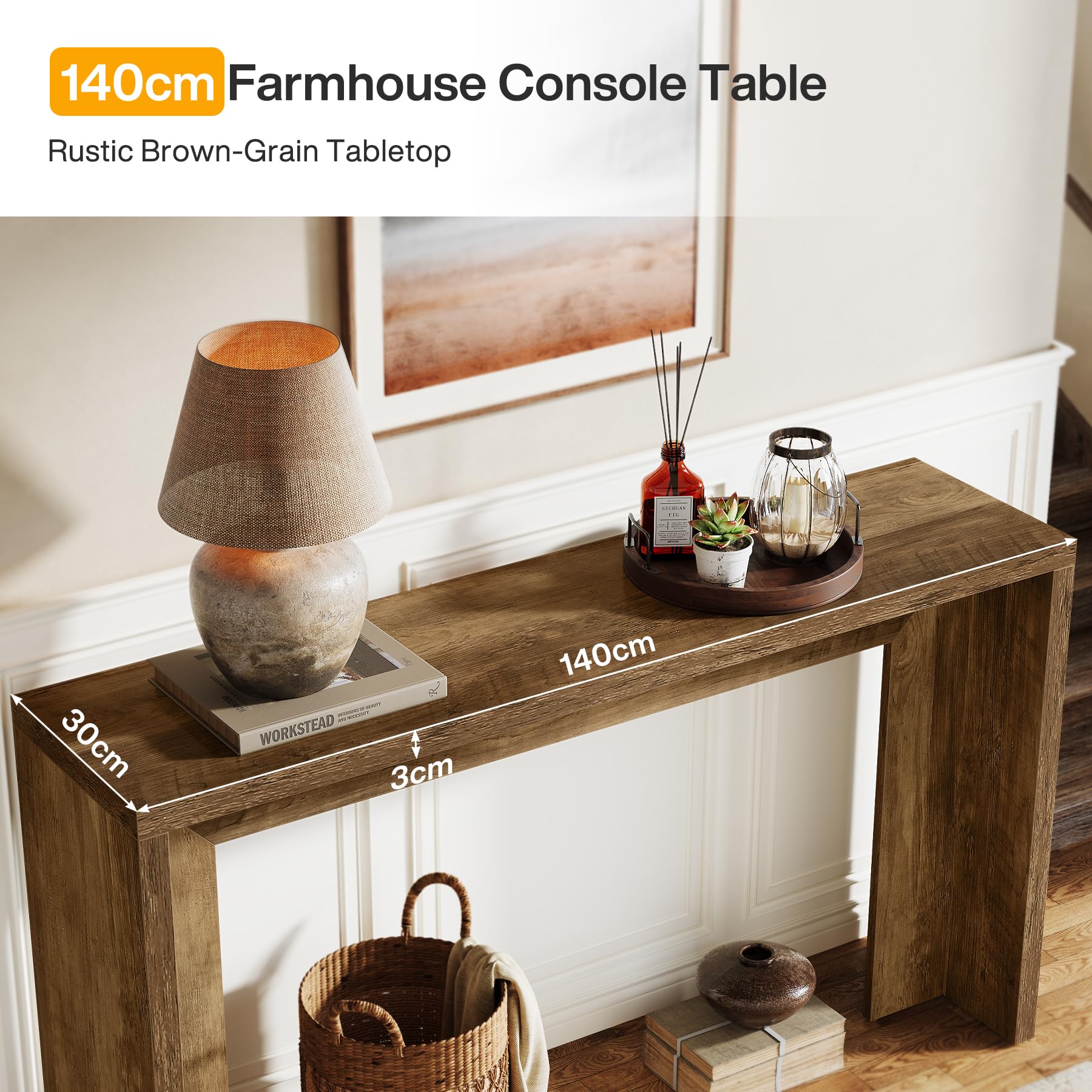 Tribesigns Tavolo consolle da fattoria da 140 cm con contenitore, tavolo da divano in legno marrone rustico per ingresso, ingresso, corridoio, soggiorno, facile da montare