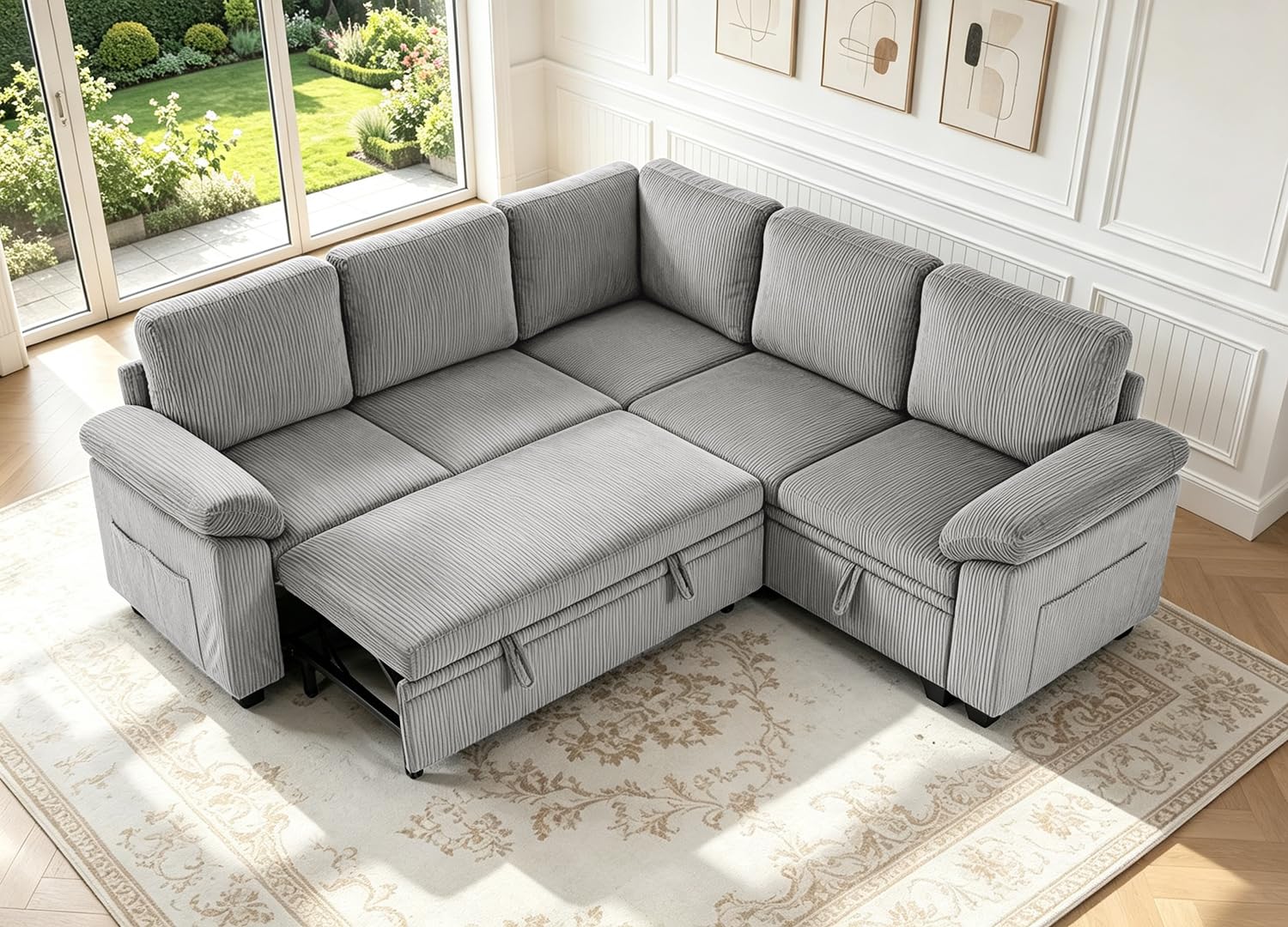 L Shaped Sectional Sleeper Sofa with Pull Out Bed, Modular Chenille Couch with Storage, Modern Convertible Sofa Bed, Sectional Couches for Living Room, Apartment (Light Gray, 5 Seater Sleeper Sofa)