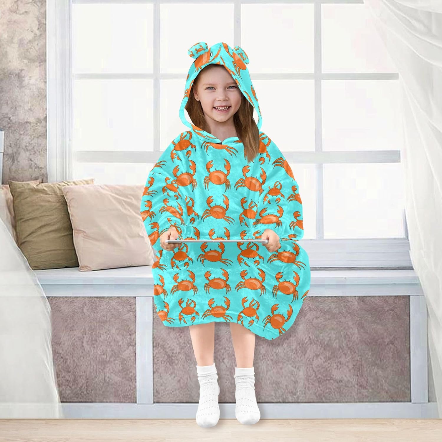 Crab Kids Wearable Blanket Hoodie with Pocket and Sleeves for Toddlers, Cute Hoodies 3-14 Year Girls Boys B0405356