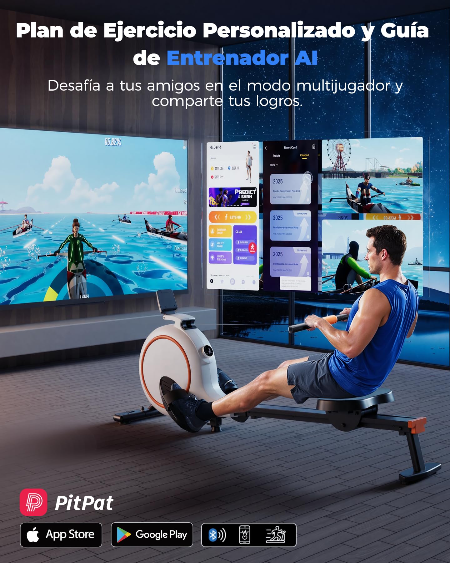 Copant Máquina de Remo Magnética, Máquina de Cardio con Soporte para Tableta, 32 Niveles de Resistencia Remadora para Uso en Casa MAX 136 kg, APP Control Pantalla LCD y Escenarios Virtuales Inmersivos