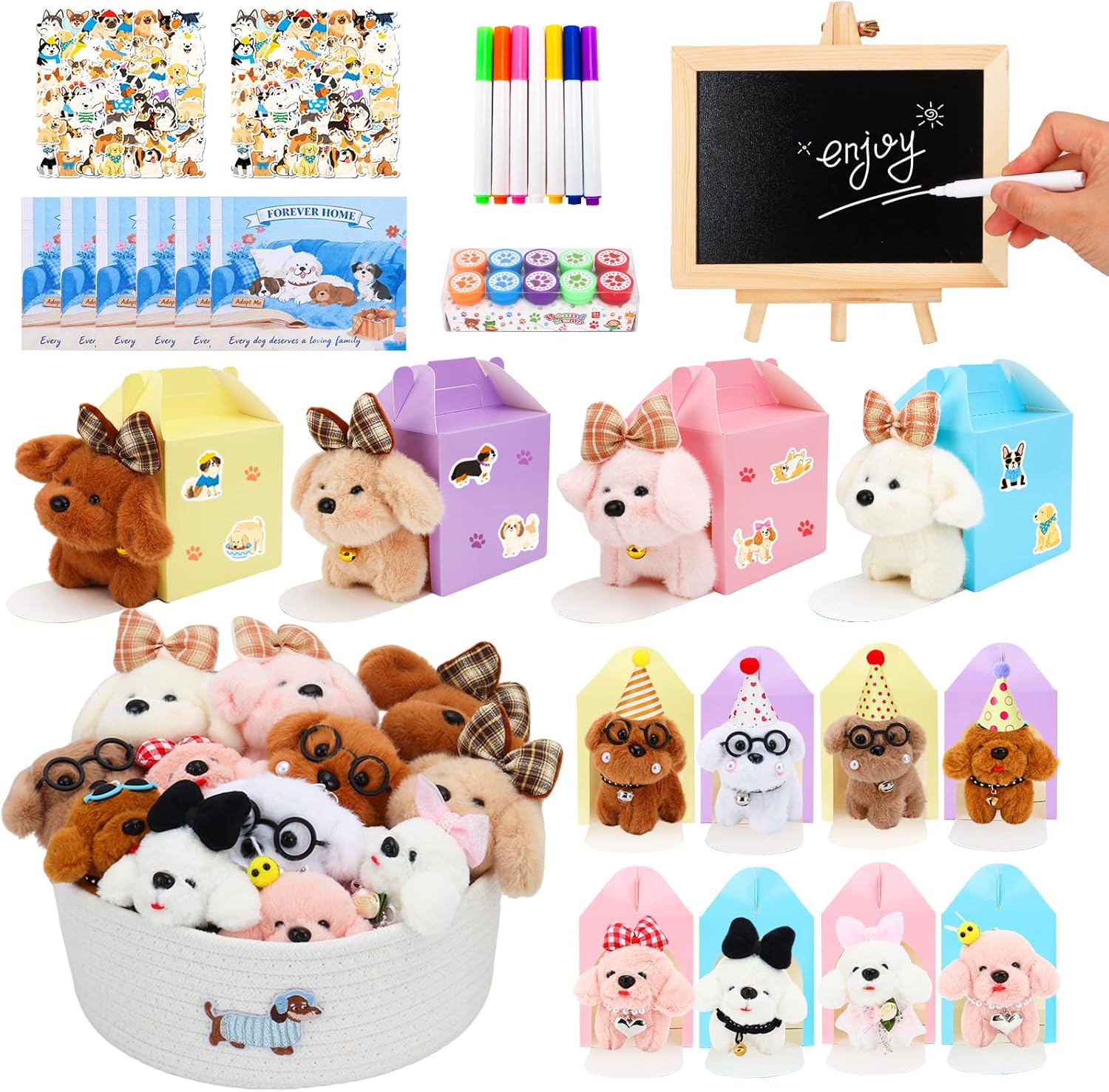 Adopt a Dog Party Favors Set - 12 PCS Plush Stuffed Puppies with Party hats include Paper House, Adoption Cards, DIY Collars, House Decor and Check-up Accessories for Puppy Party Birthday (Dog Party)