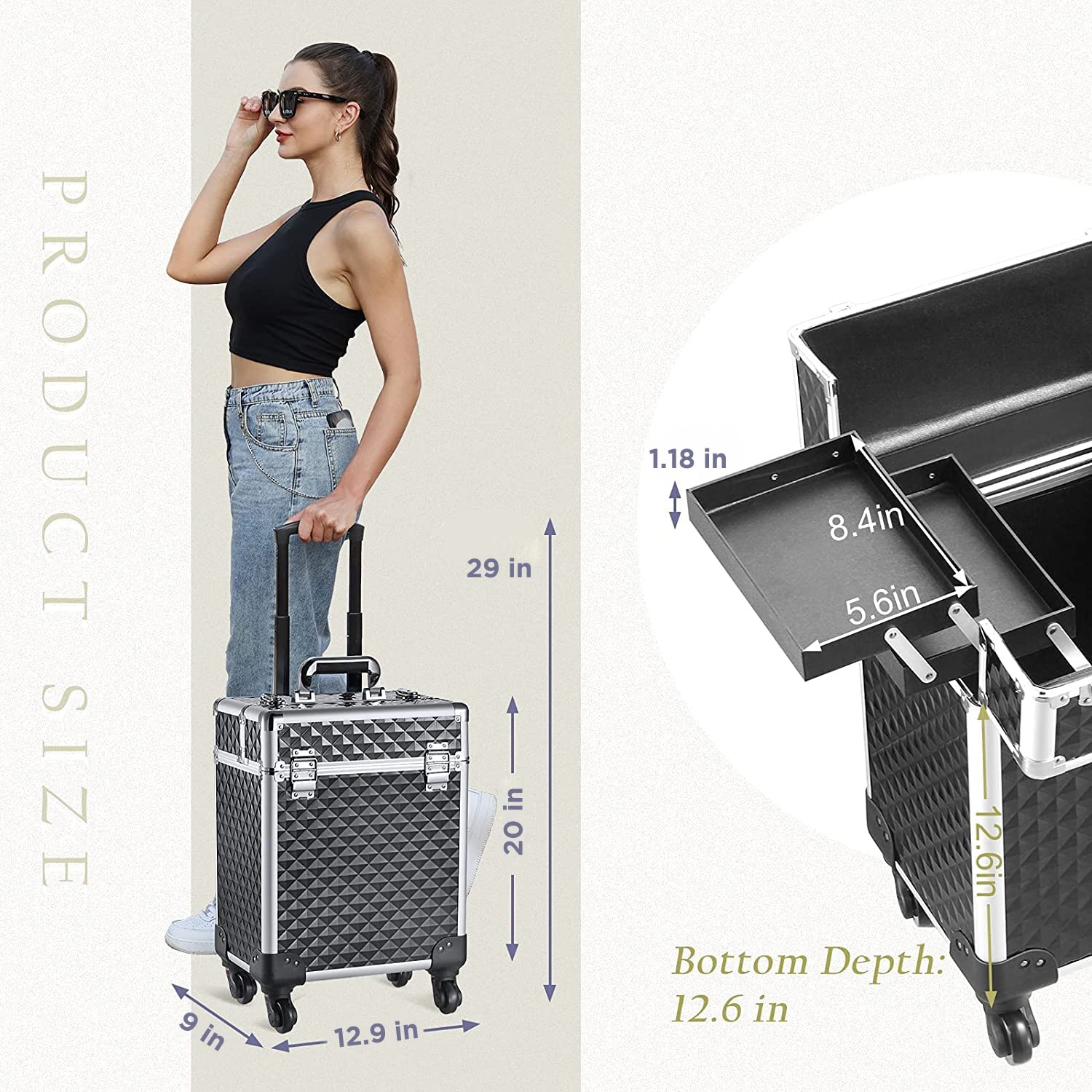 NFI essentials Aluminium Makeup Box with Keys Swivel Wheels Makeup Box Train Case Large Cosmetic Bag Vanity Trolley Organized Case for Barber and Makeupartist - Image 4 thumbnail