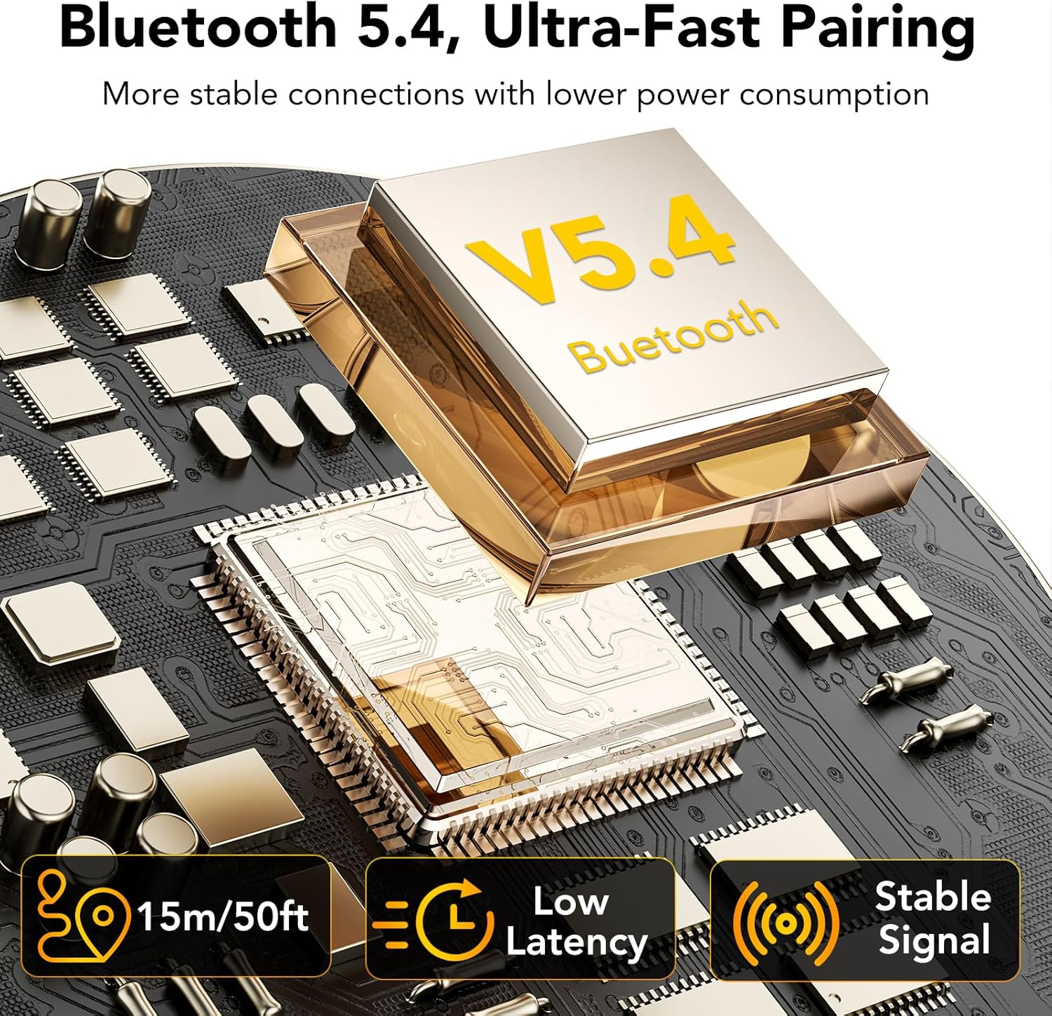 Diagram illustrating Bluetooth 5.4 technology with icons for 15m/50ft range, low latency, and stable signal.