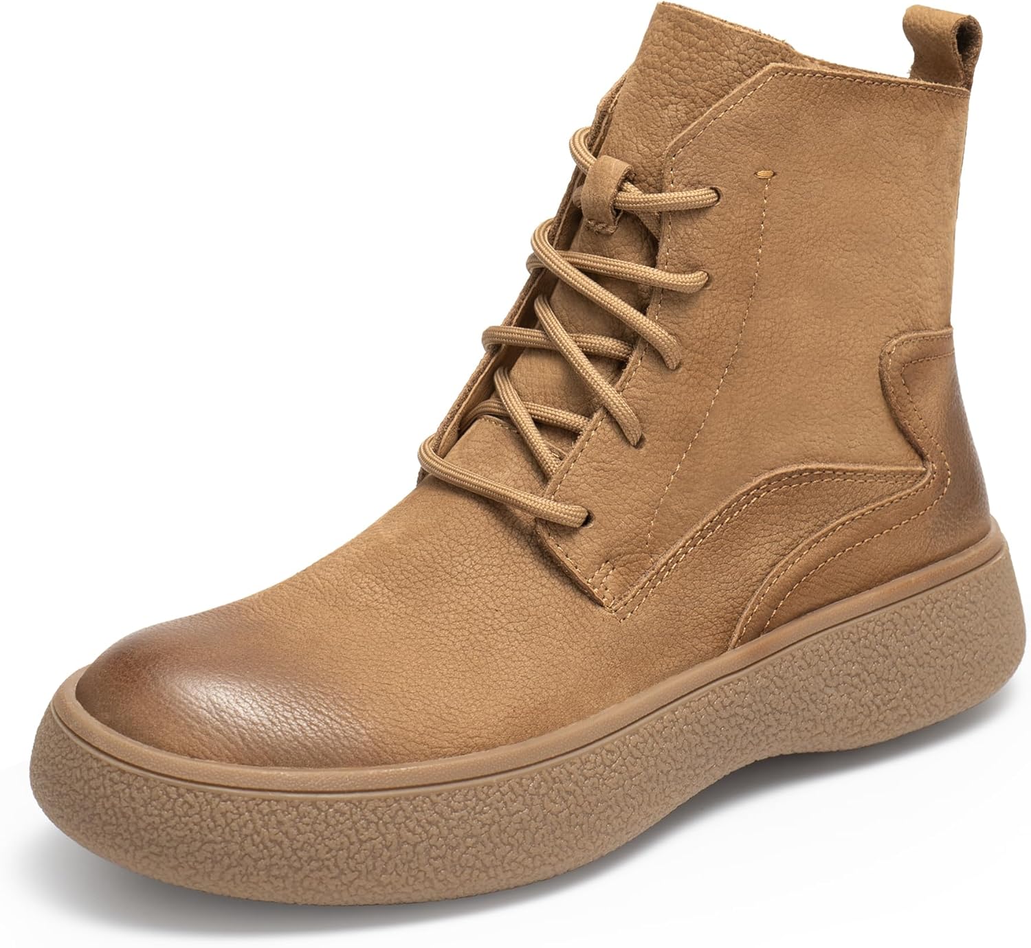 Men Lace Up Cowboy Boots, Round Toe Non-Slip Walking Shoes Ankle Bootie, Genuine Leather Comfortable Durable Breathable Fashion Western Retro Chelsea Boot Casual Work Hiking Camping