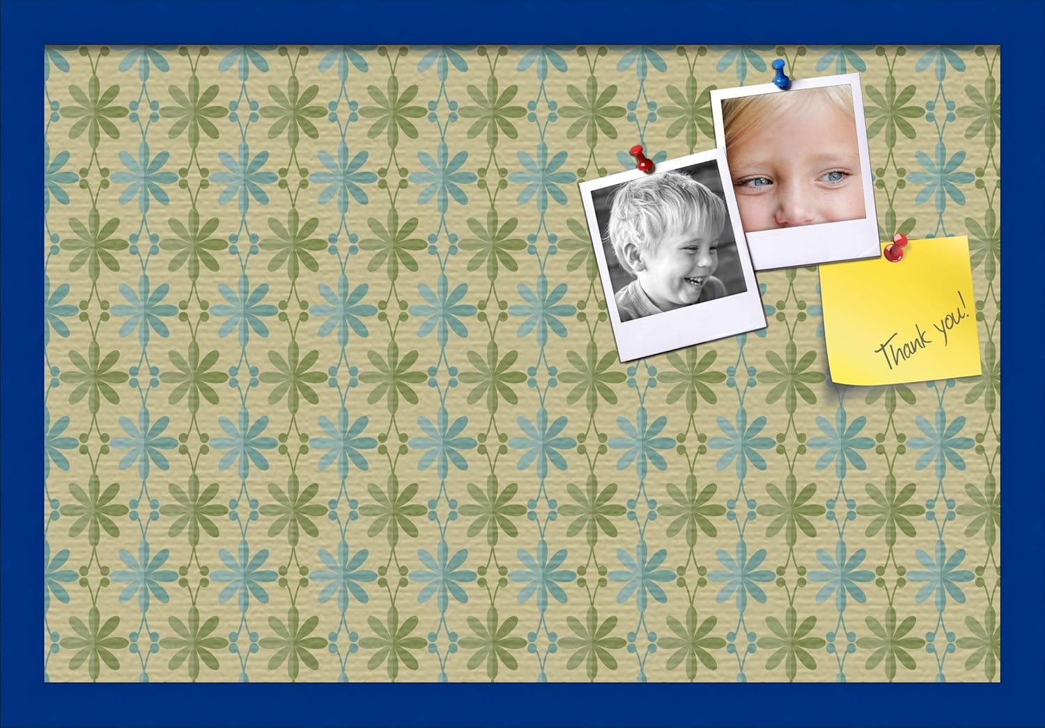 ArtToFrames 16x16 Inch Custom Cork Bulletin Board. This Floral Design in Blue and Green Pin Board Has a Fabric Style Canvas Finish, Framed in Baby Pink on Beech (PinPix-551-16x16_0066-81792-YPNK)