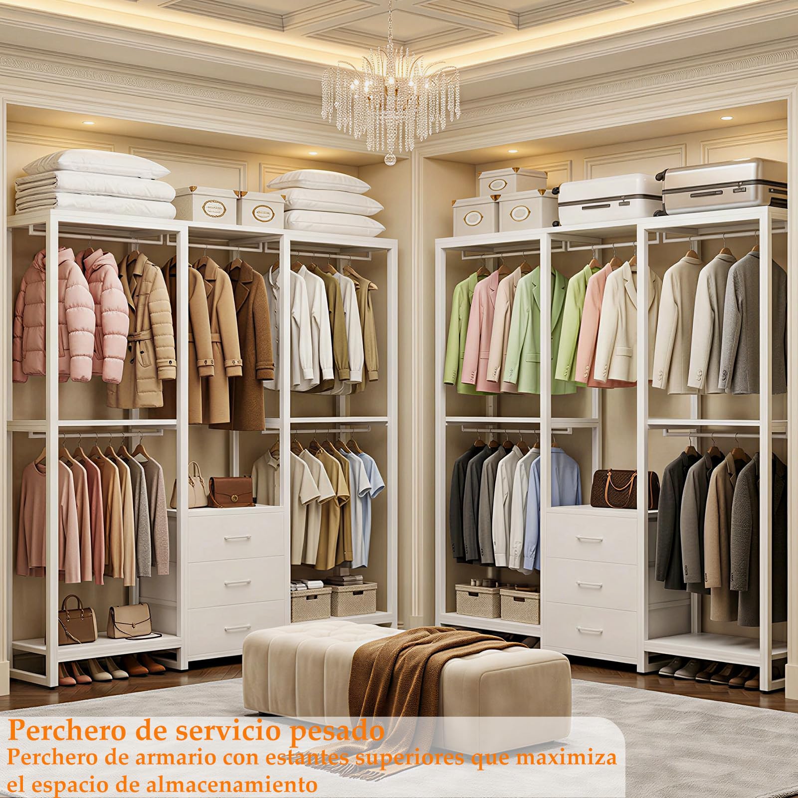Homieasy Armario Abierto Con 5 Barras Y 3 Cajones De Tela | Estructura De Metal Y Paneles De Madera, Capacidad De Carga Hasta 450 Kg, Para Dormitorio, Vestidor O Pasillo