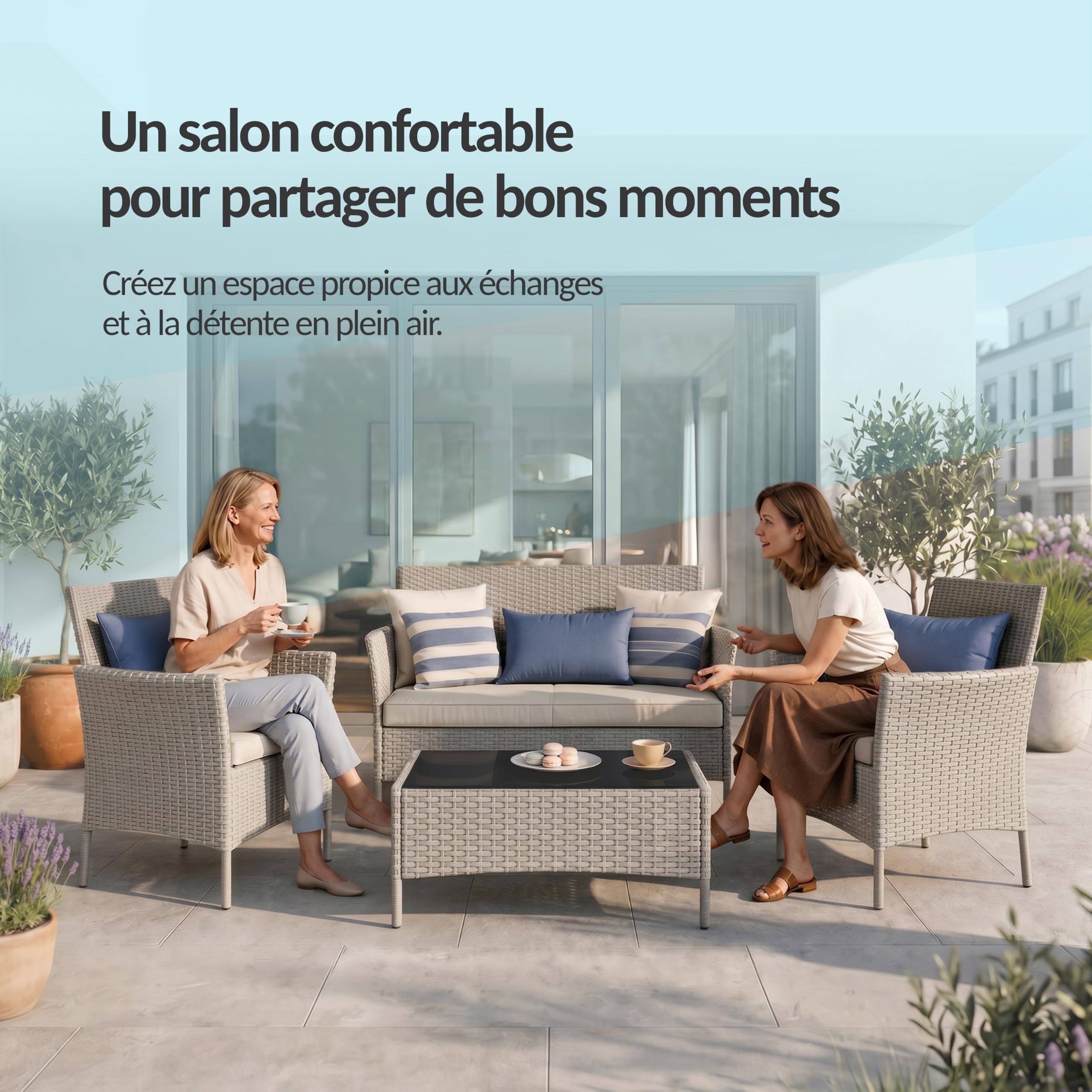POKAR Salon de Jardin Rotin Gris avec Coussins Assise et Dossier Beige