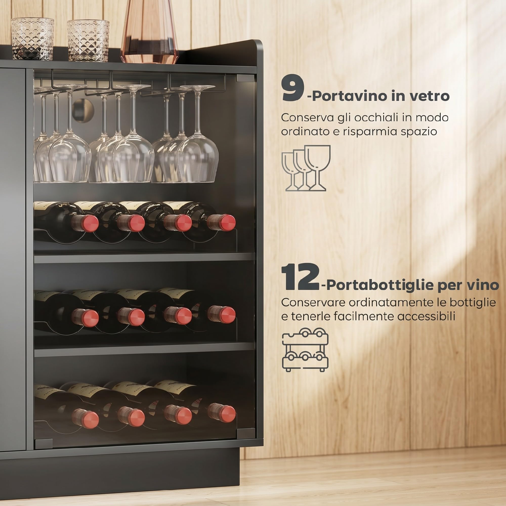 HOMCOM Mobile Portabottiglie con Luci LED RGB e Porta Bottiglie da 12, Cantinetta con Ante Soft Close in Vetro e Ripiano Regolabile per Sala da Pranzo, Cucina e Casa Nero