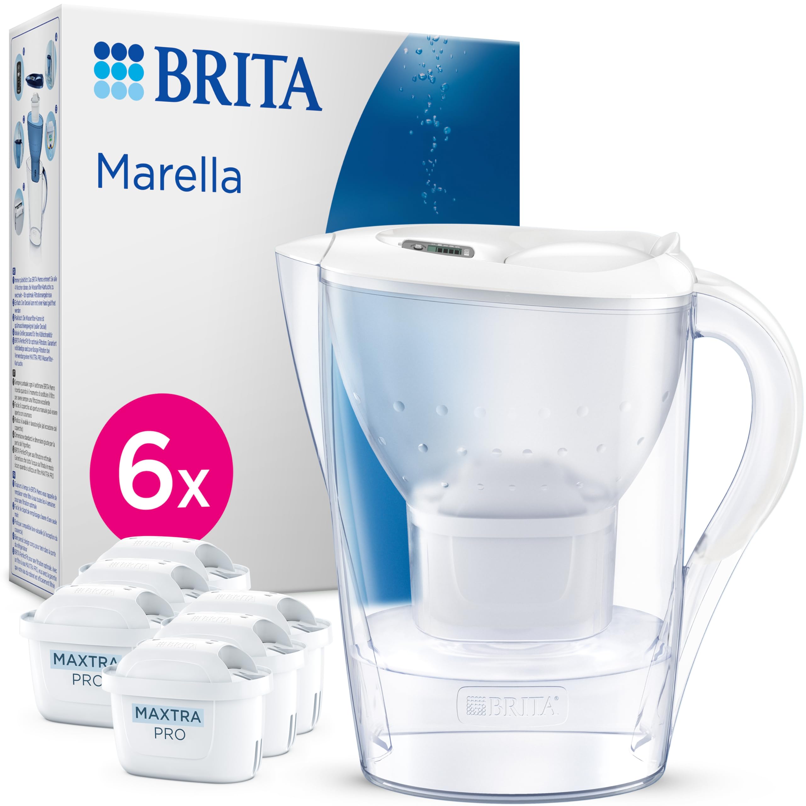BRITA Wasserfilter Kanne Marella weiß (2,4l) inkl. 6x MAXTRA PRO Pure Performance Kartusche (Halbjahrespaket), Kühlschrankgeeignet, Filterkanne mit BRITA Memo, Klapp-Deckel, filtert Verunreinigungen