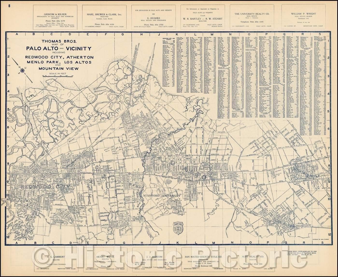 Amazon Com Historic Map Thomas Bros Map Of Palo Alto And Vicinity Including Redwood City Atherton Menlo Park Los Altos And Mountain View 1920 Thomas Brothers Vintage Wall Art 54in X