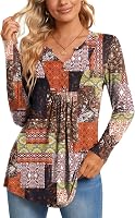 CATHY Women's Long Sleeve Henley V-Neck Tunic Blouse - Boho Pleated Casual Tops for Fall Winter Fashion