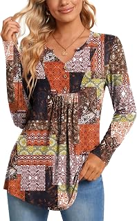 CATHY Women's Long Sleeve Henley V-Neck Tunic Blouse - Boho Pleated Casual Tops for Fall Winter Fashion