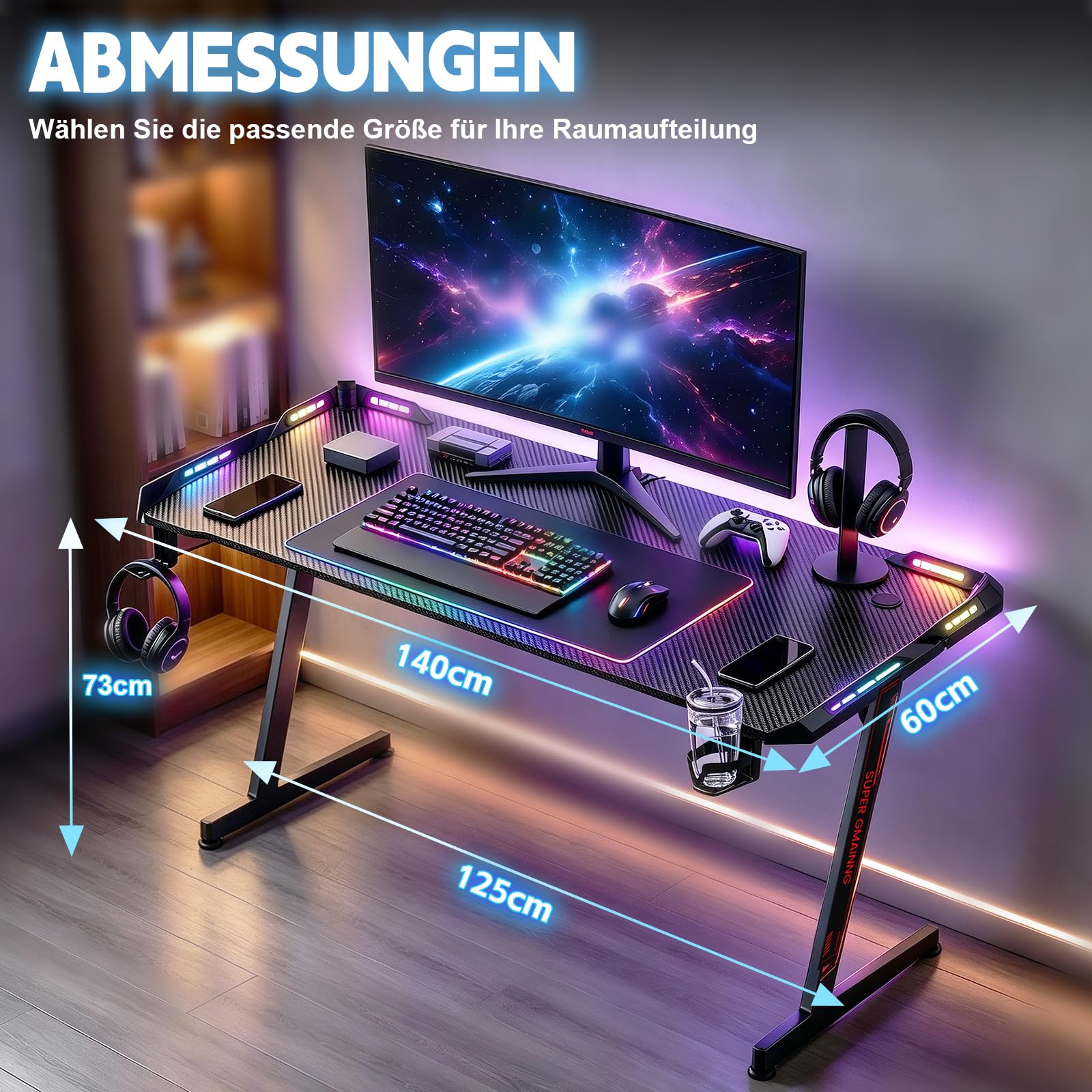 Gaming Tisch L07 mit LED 140CM – PC Schreibtisch mit Carbon-Oberfläche, 2 RGB LED Streifen (352 Modi, 10 Helligkeitsstufen), Z-förmiger Stahlrahmen bis 80kg, Getränkehalter & Kopfhörerhaken