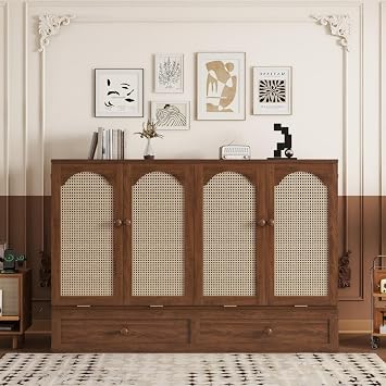 Queen Size Murphy Cabinet Bed with Storage Drawer, USB-Port and Unique Rattan Decoration, Space-Saving, Can be Folded Platform Bed for Kids Boys Girls Adults, Walnut