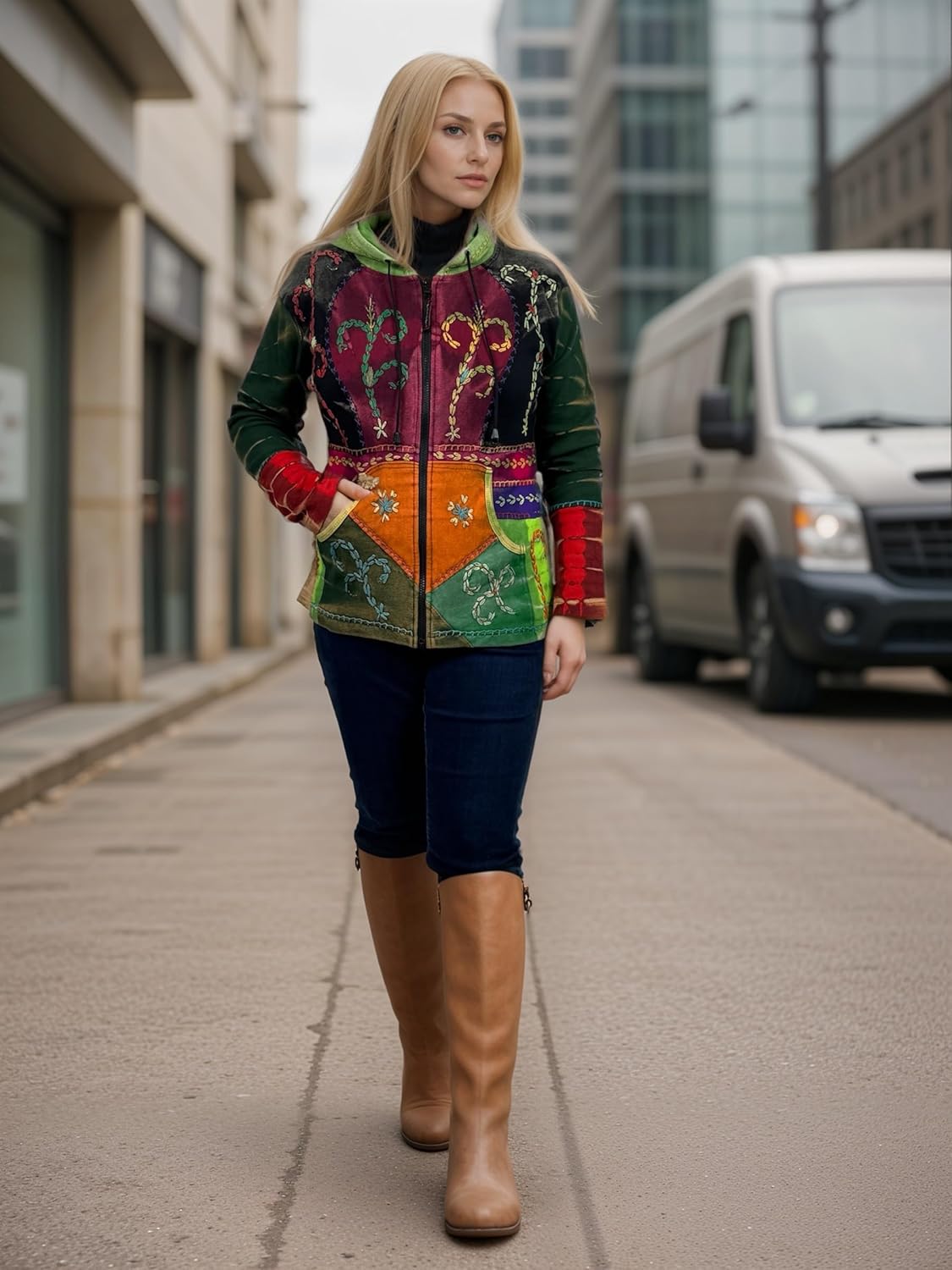 Agan Traders Women's 2026 Winter Boho Rib Knit Patch Tie-dye Hoodie Sweatshirt Jacket - Image 5