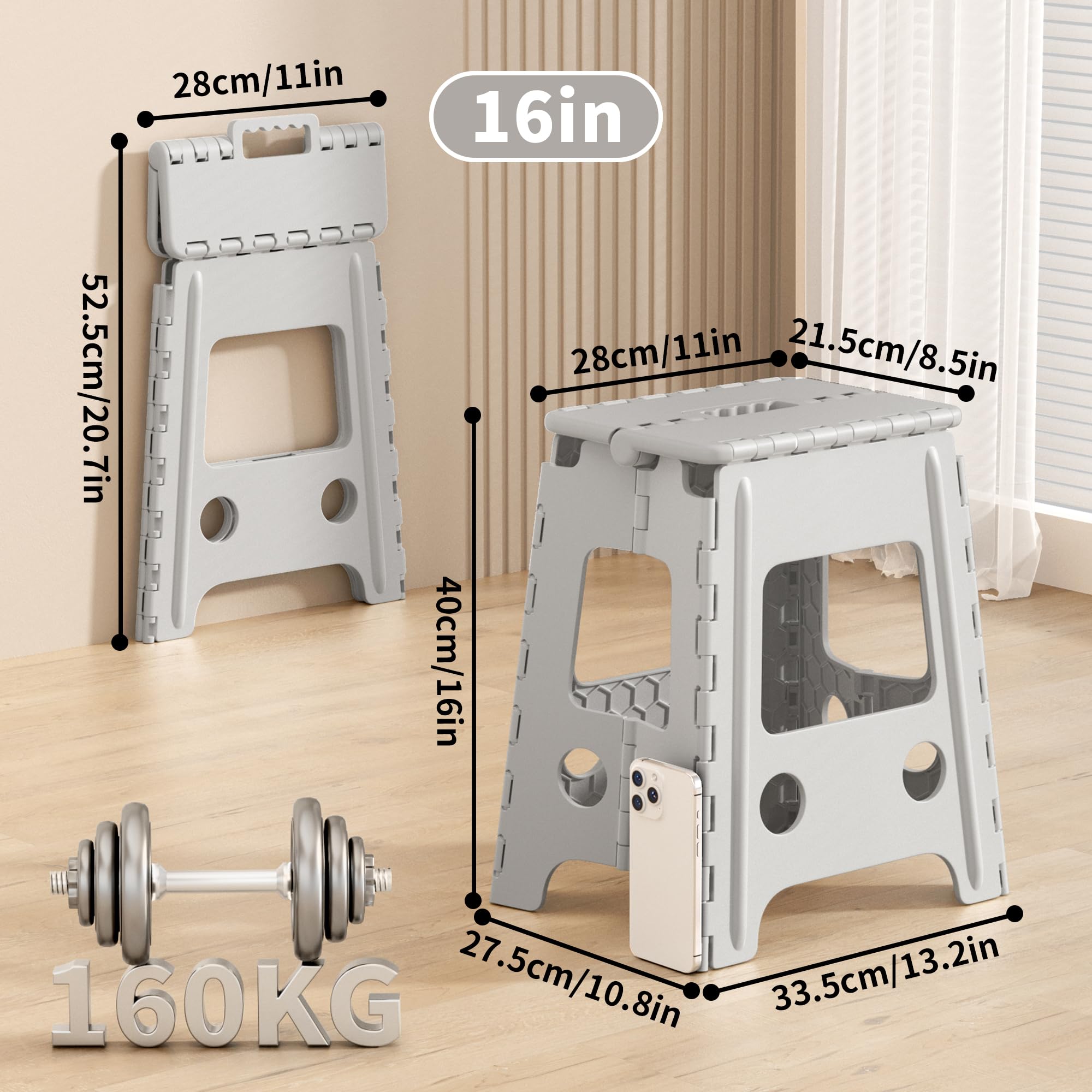 Cetomo 40cm Tritthocker Klappbar Kunststoff, Klappbare Küchenhocker für Erwachsene, Belastbarer Klapptritt, Tragbare Hocker für Schlafzimmer, Grau, 1er Pack