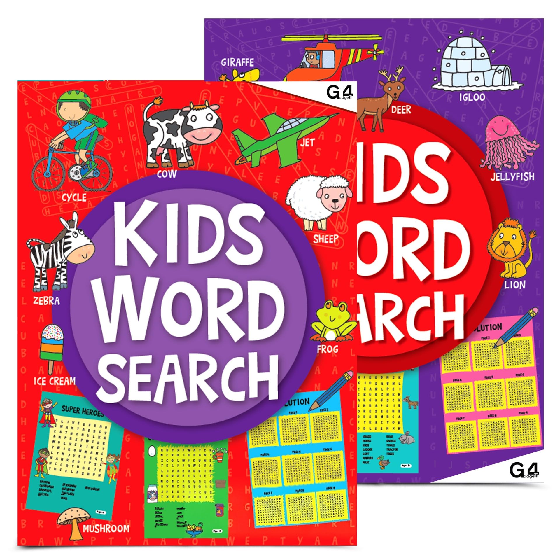 G4Gadget Kids Word Search Books Age 5-8 – 2 Pack Wordsearch Puzzle Books for Kids | Fun Word Search for Kids Ages 6-8 | Educational Brain Games & Activity Books for Boys and Girls