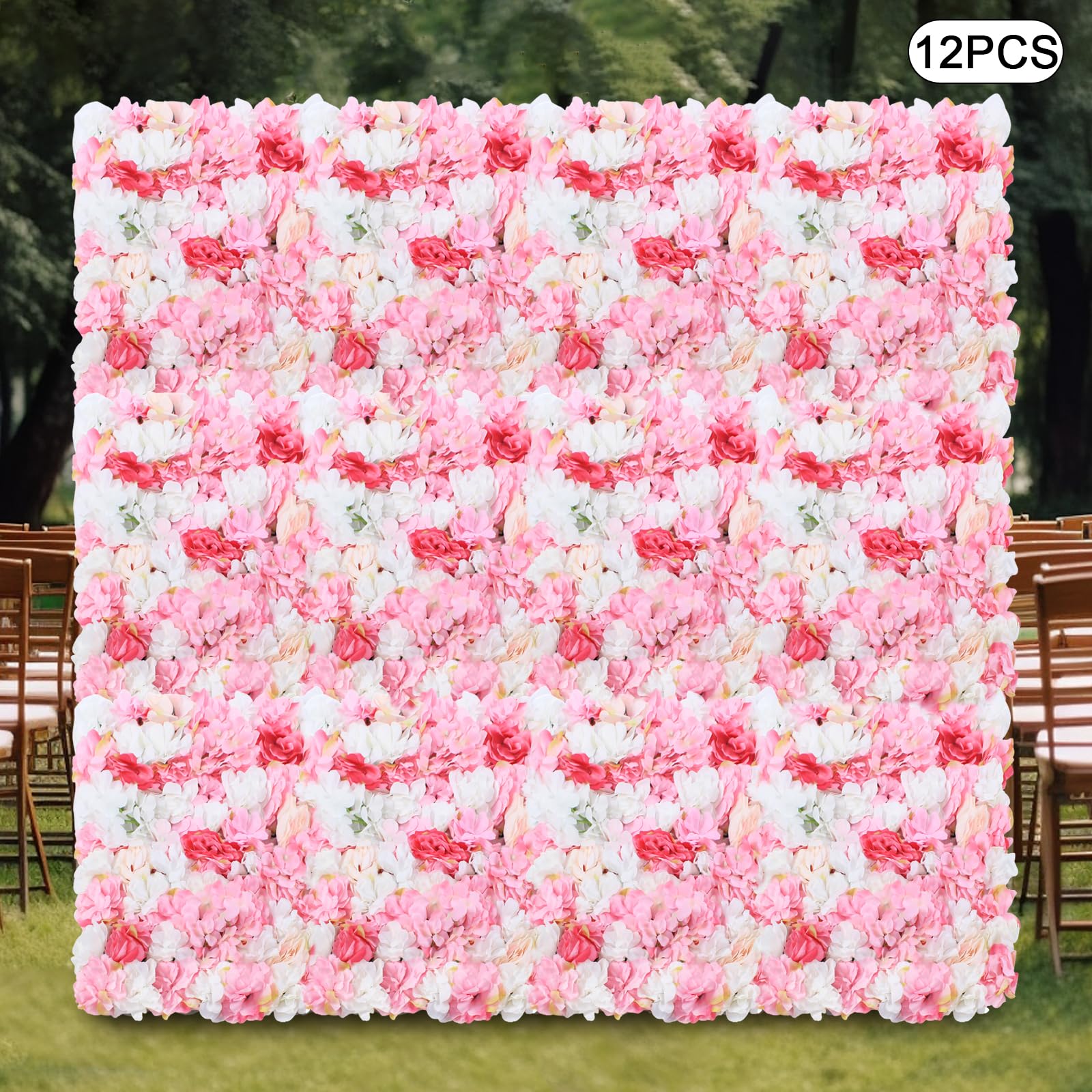 12er Set Künstliche Blumenwand 60x40cm Paneel Kunstblumen Rosa Weiß Deko | Dichte Seidenblumen Mit Rosen Dahlien Hortensien Und Gitterrückseite Für Hochzeit Event Fotowand Oder Balkon Dekoration