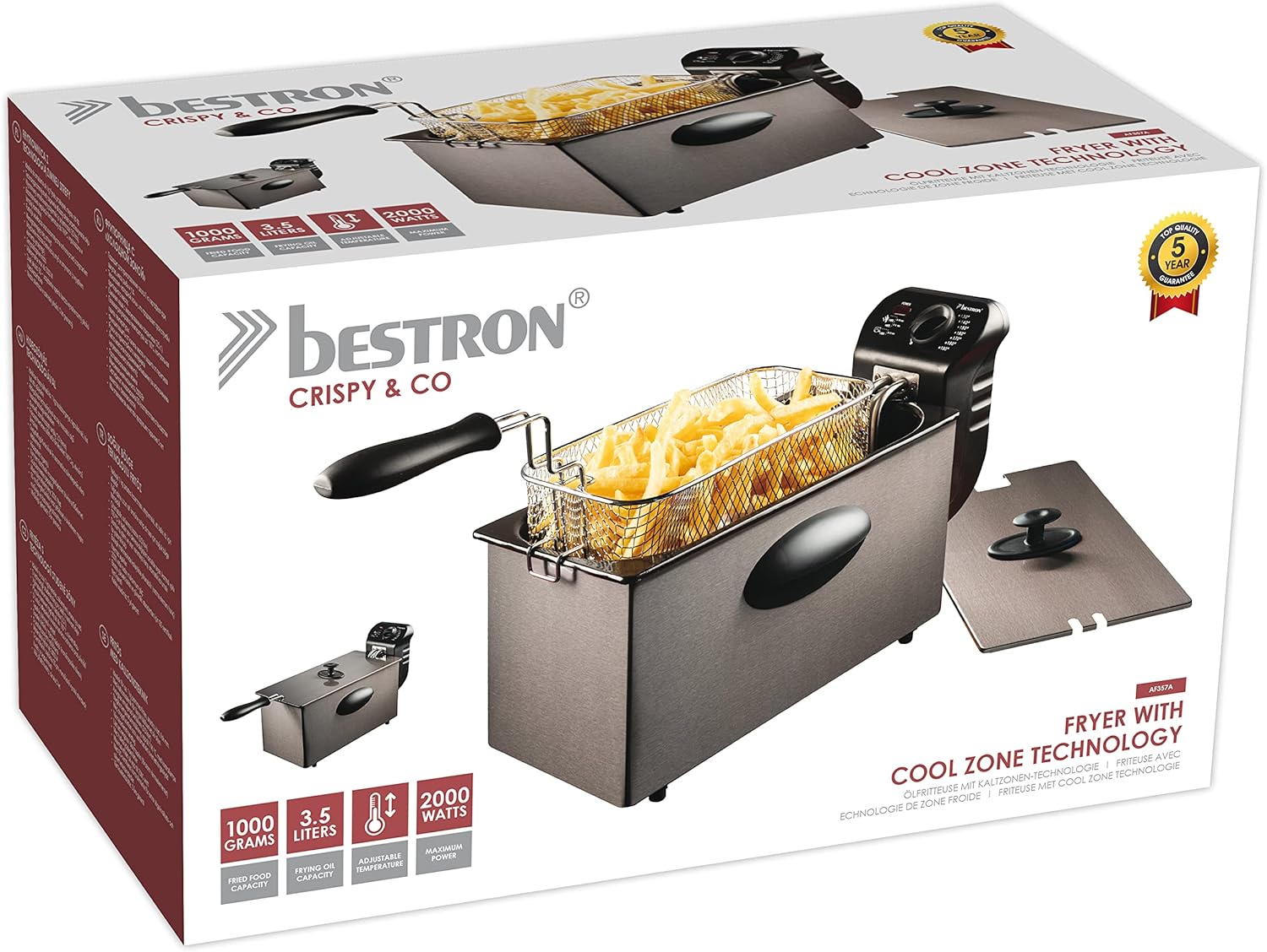 Friggitrice Bestron Oil con tecnologia cold zone, 3,5 litri, Con regolatore di temperatura, 2000 Watt, Colore: antracite Friggitrice Bestron Oil con tecnologia cold zone, 3,5 litri, Con regolatore di temperatura, 2000 Watt, Colore: antracite