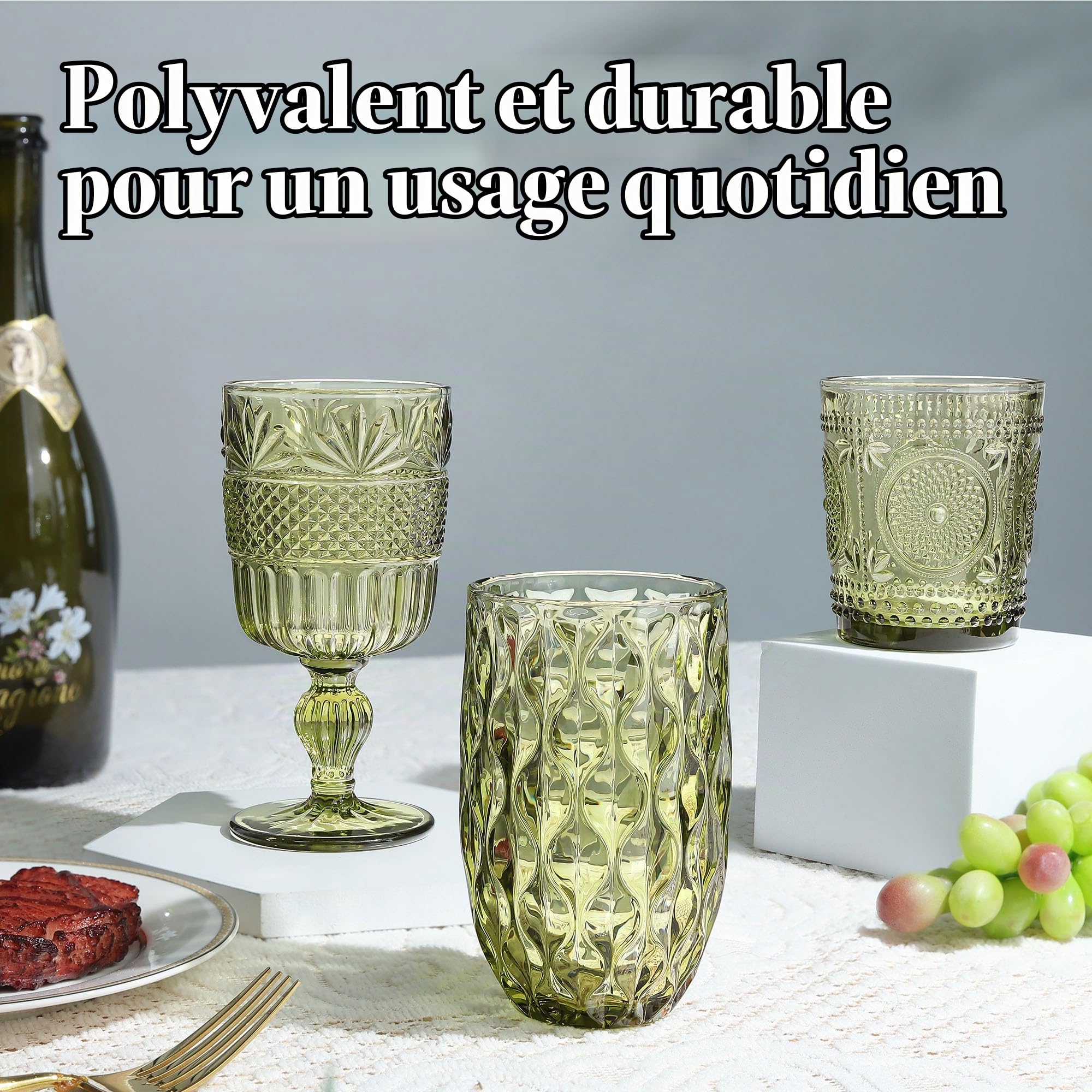 Joeyan Lot de 6 Verres à Eau Vert,320ml Verres à Jus et Soda,Vintage Verre à Boire Design en Tournesol Floraux Relief,Verre de Table Pour Eau Gazeuse Orangeade Apéritif et Bière,Lavable Lave-Vaisselle