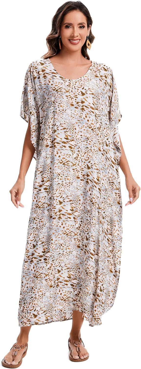 Beautybatik Boho Animal Stripe Print Plus Size Women Kimono Kaftan Maxi Long Sleeve Beach Cover Up Loungewear Dress XL to 4X