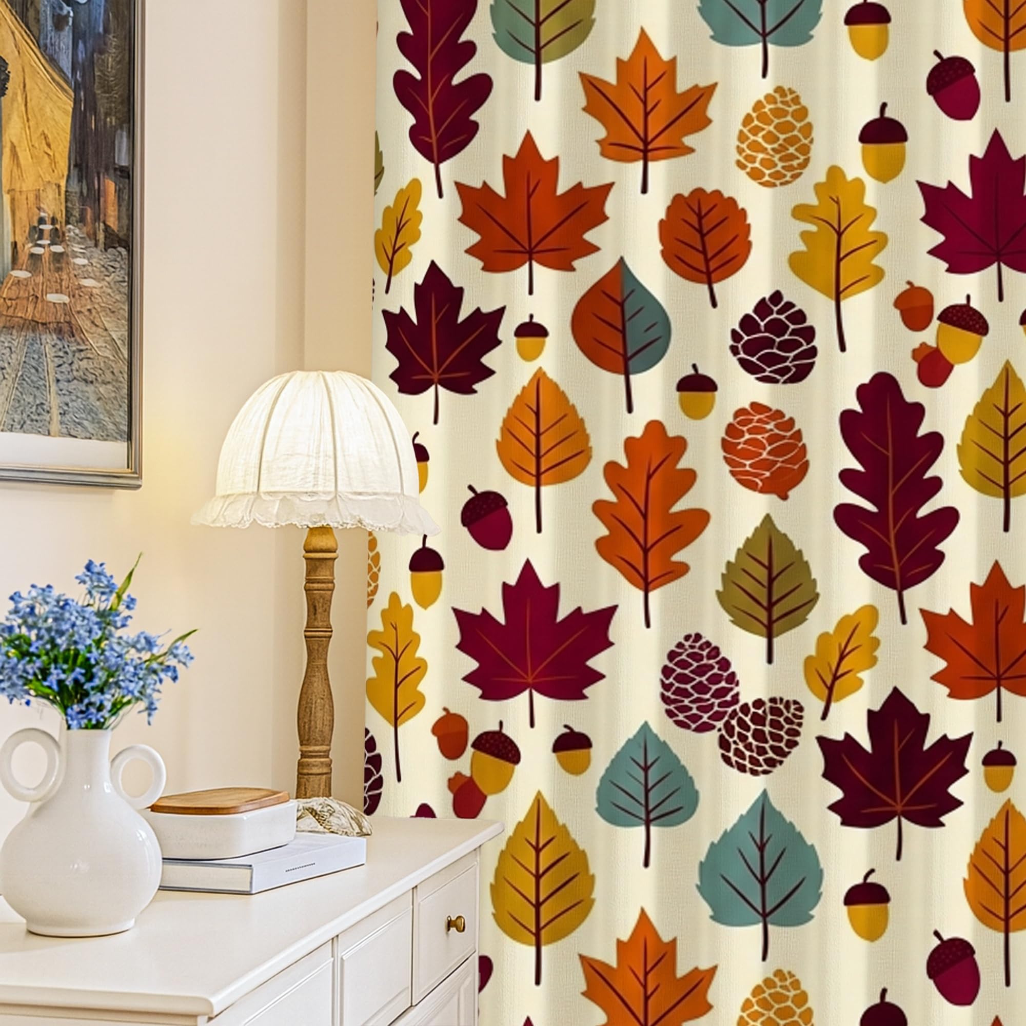 Rideau occultant lavable en machine anti-lumière rouge automne à motifs pommes de pin pour chambre