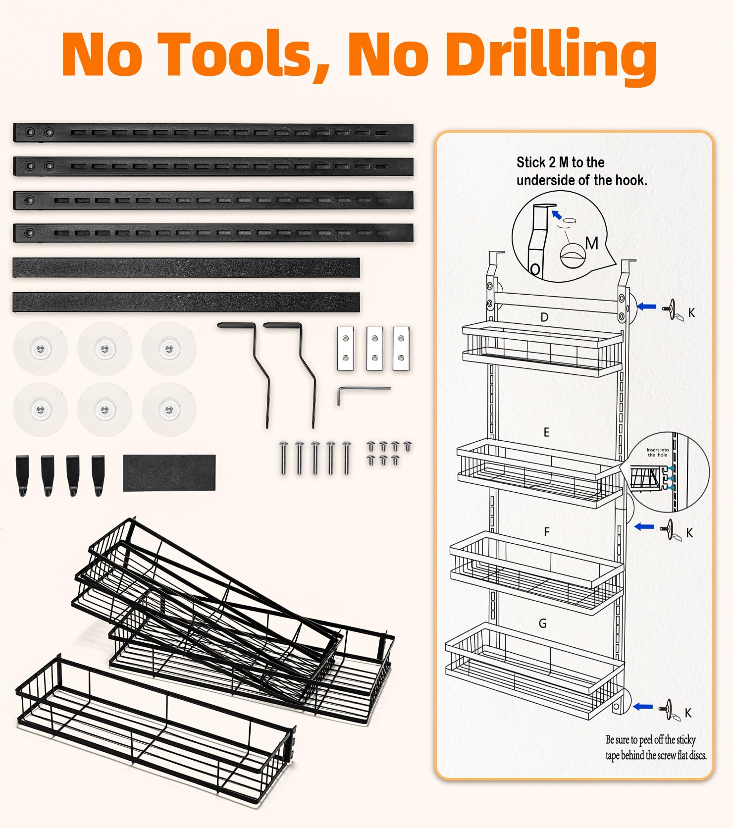 T.R.Sani. Pantry Door Organizer, 4-Tier No-Swing Spice Rack for Kitchen Storage, Metal, Black